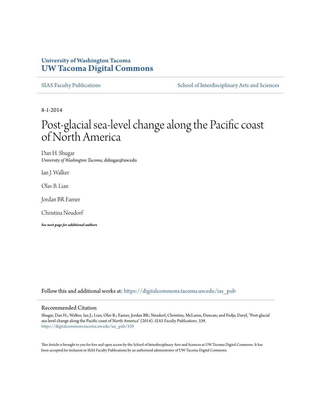 Post-Glacial Sea-Level Change Along the Pacific Coast of North America Dan H