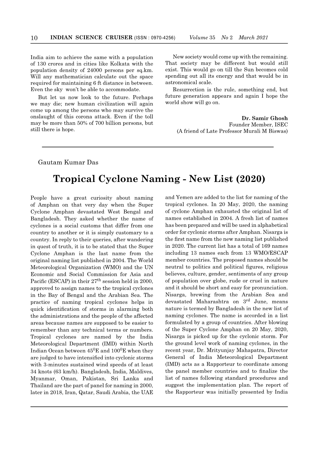 Tropical Cyclone Naming - New List (2020)