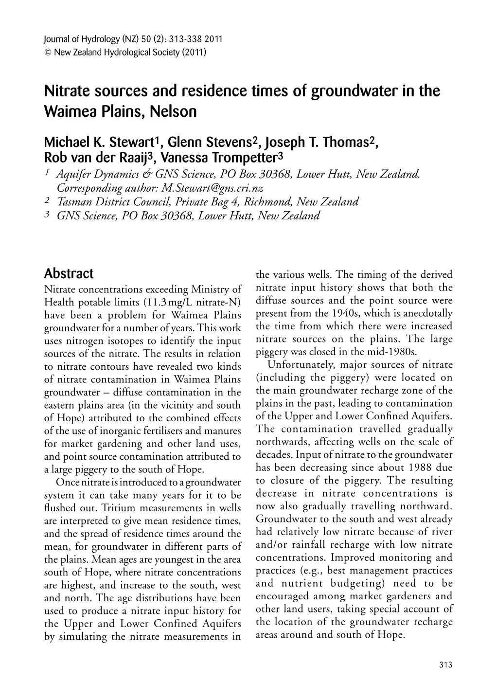 Nitrate Sources and Residence Times of Groundwater in the Waimea Plains, Nelson