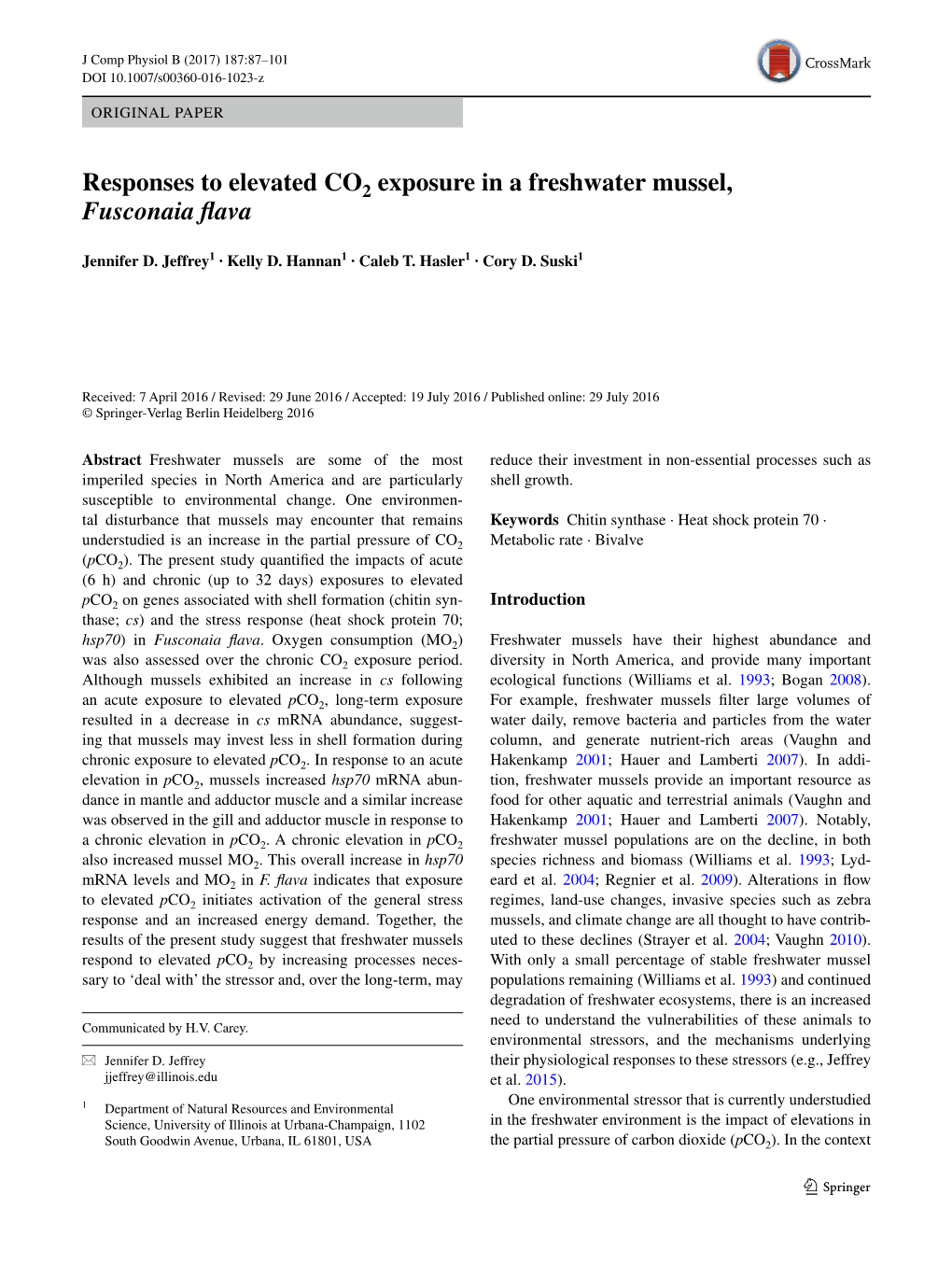 Responses to Elevated CO2 Exposure in a Freshwater Mussel, Fusconaia Flava