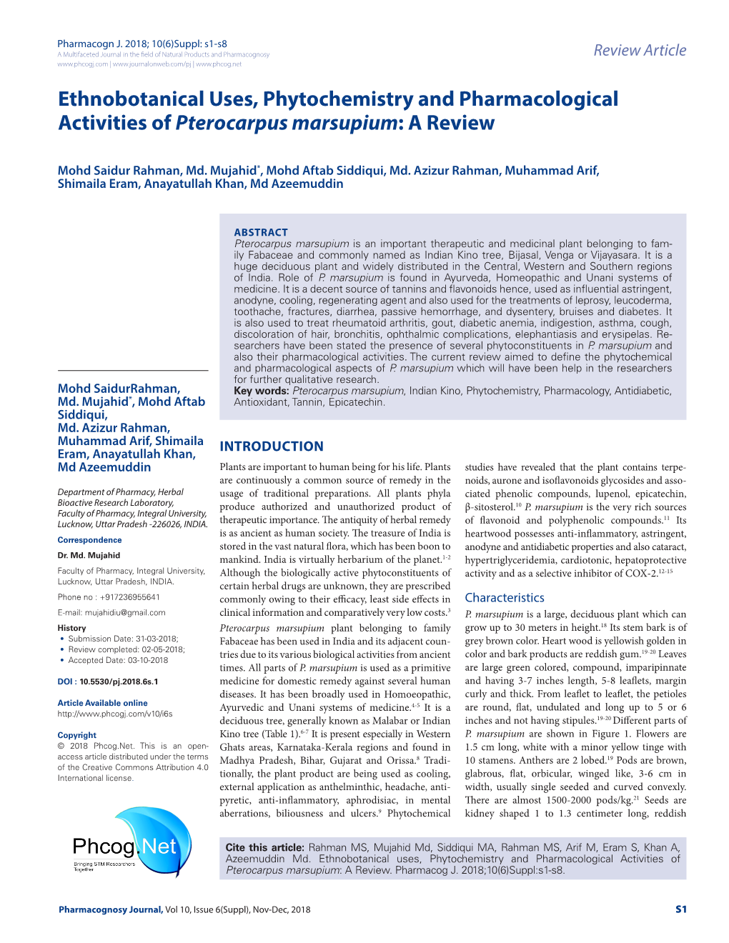 Ethnobotanical Uses, Phytochemistry and Pharmacological Activities of Pterocarpus Marsupium: a Review