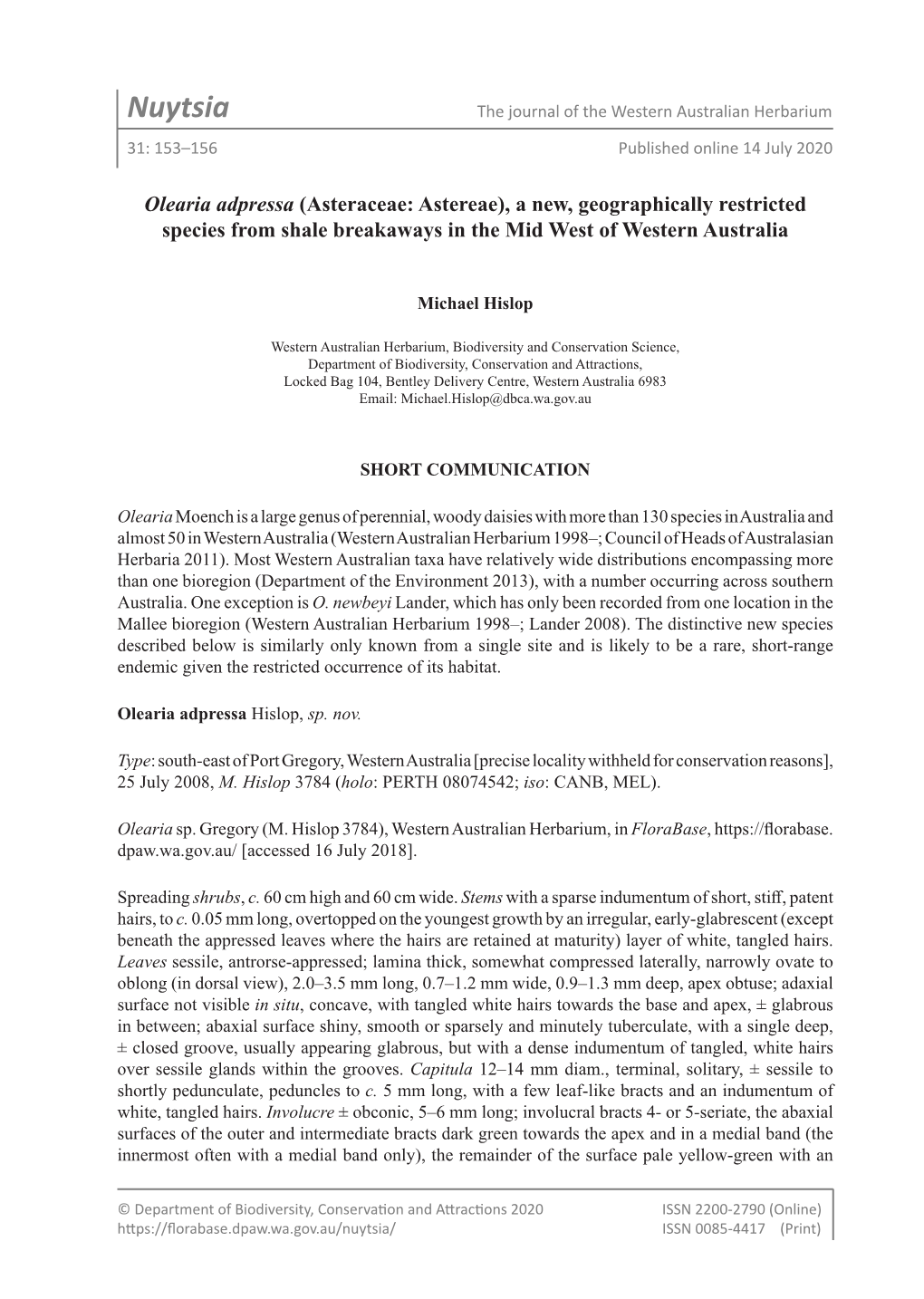 Nuytsia the Journal of the Western Australian Herbarium 31: 153–156 Published Online 14 July 2020