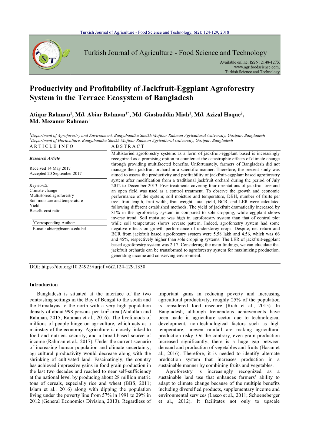 Productivity and Profitability of Jackfruit-Eggplant Agroforestry System in the Terrace Ecosystem of Bangladesh