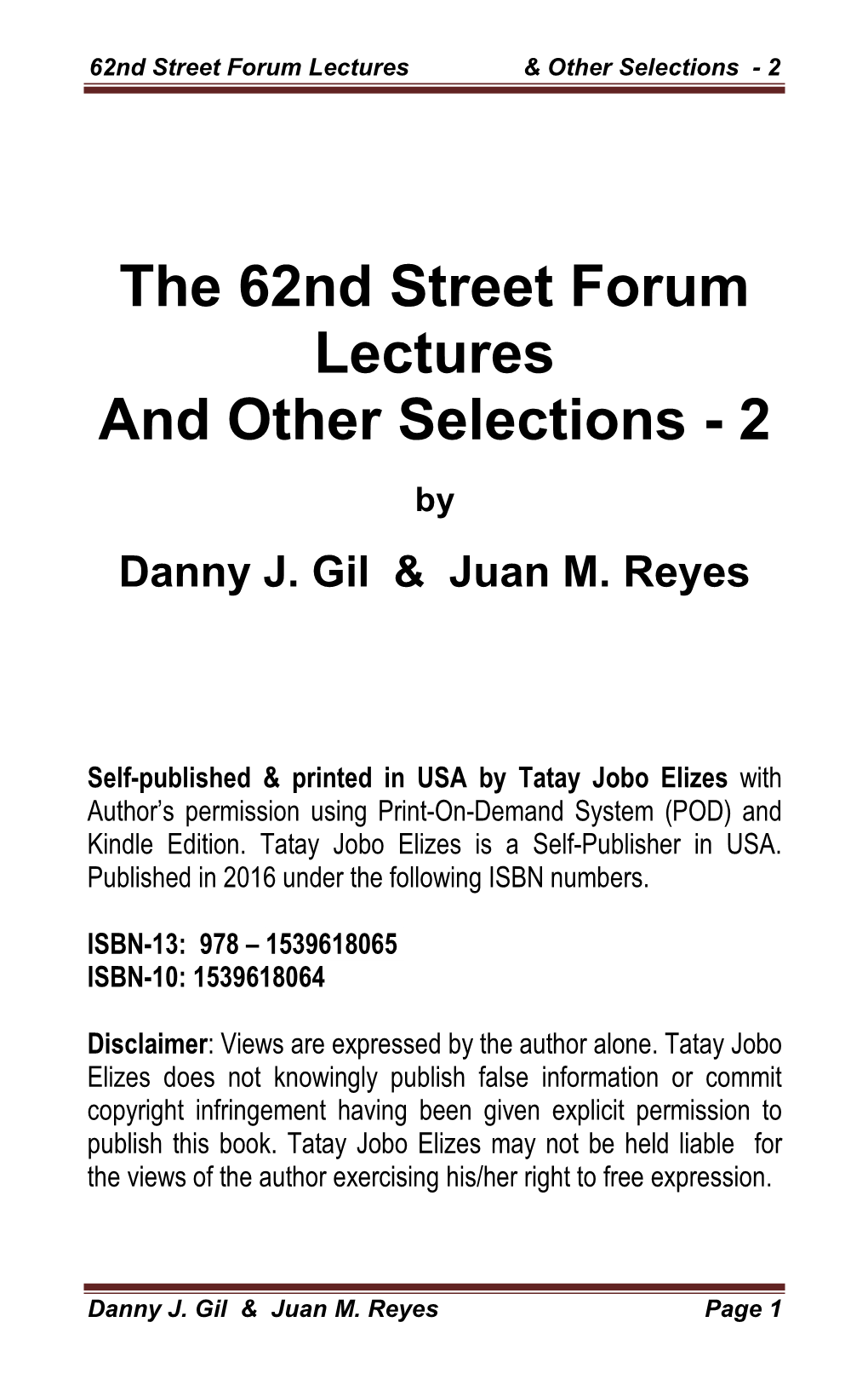 The 62Nd Street Forum Lectures and Other Selections - 2