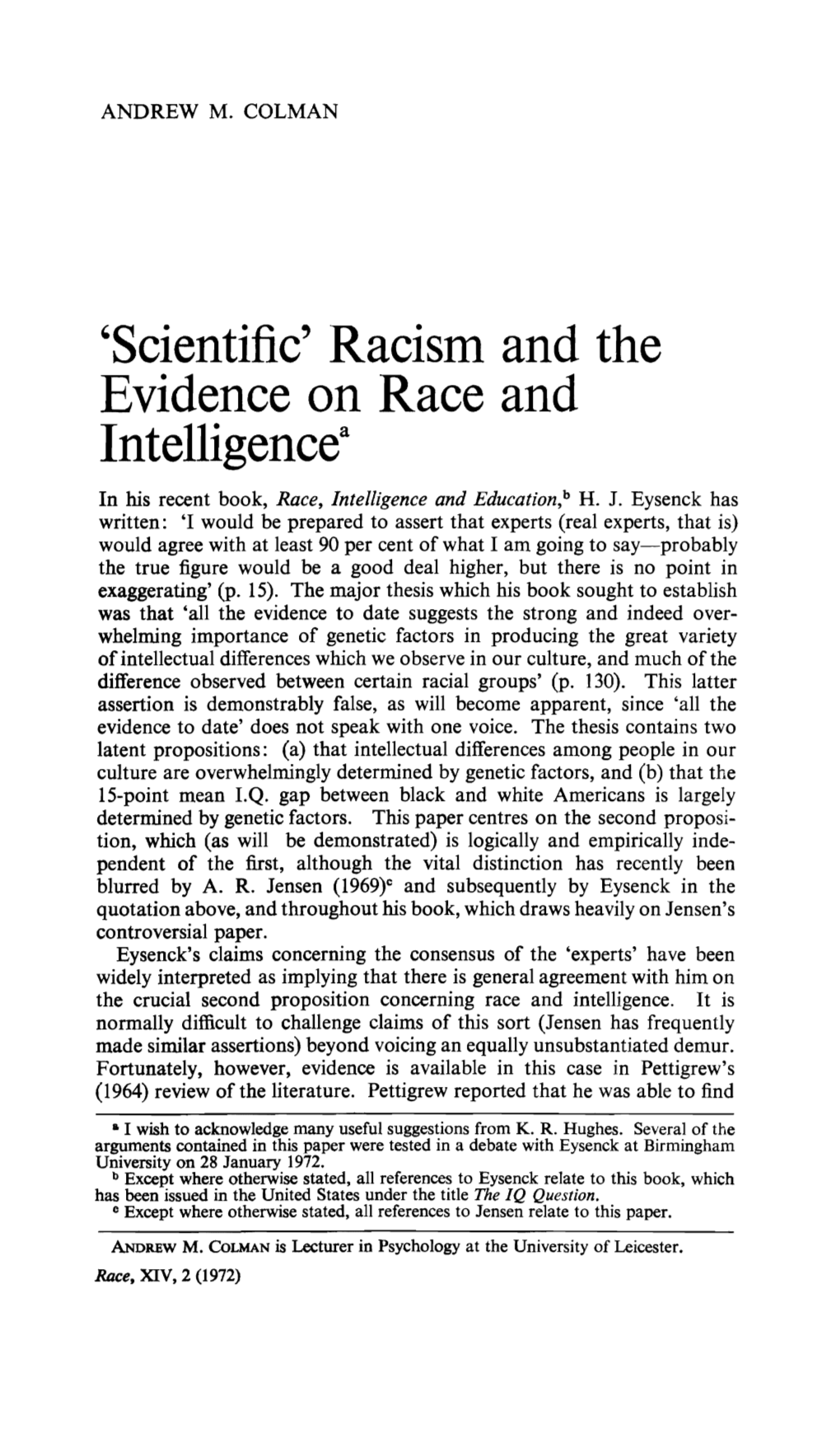 “Scientific” Racism and the Evidence on Race and Intelligence