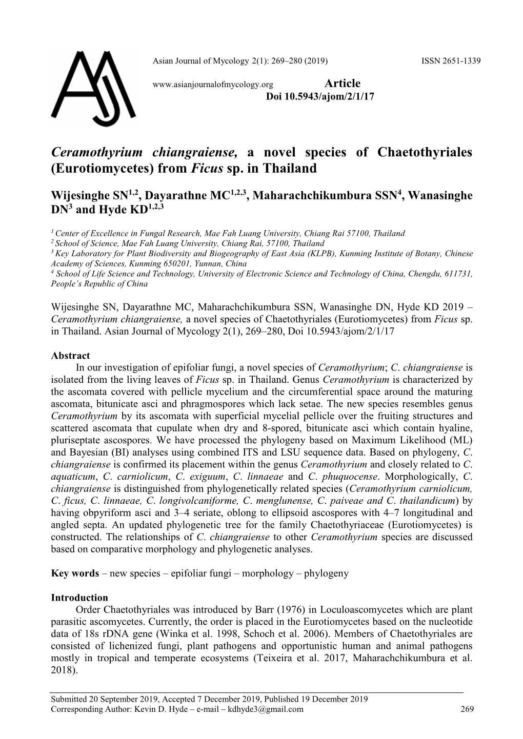 Ceramothyrium Chiangraiense, a Novel Species of Chaetothyriales (Eurotiomycetes) from Ficus Sp