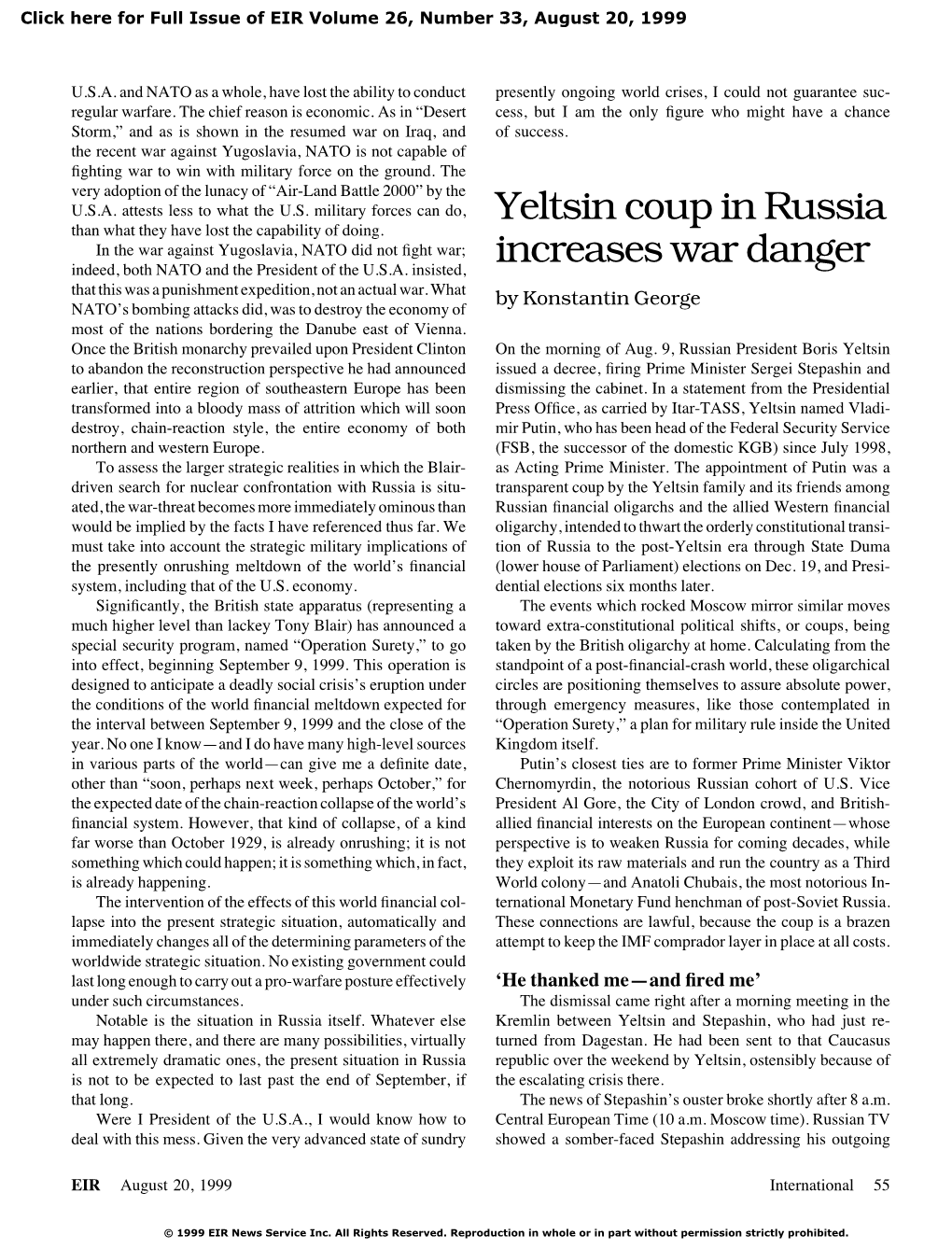 Yeltsin Coup in Russia Increases War Danger