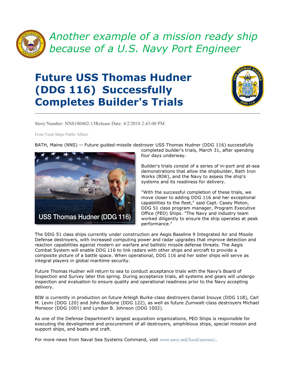 Future USS Thomas Hudner (DDG 116) Successfully Completes Builder's Trials