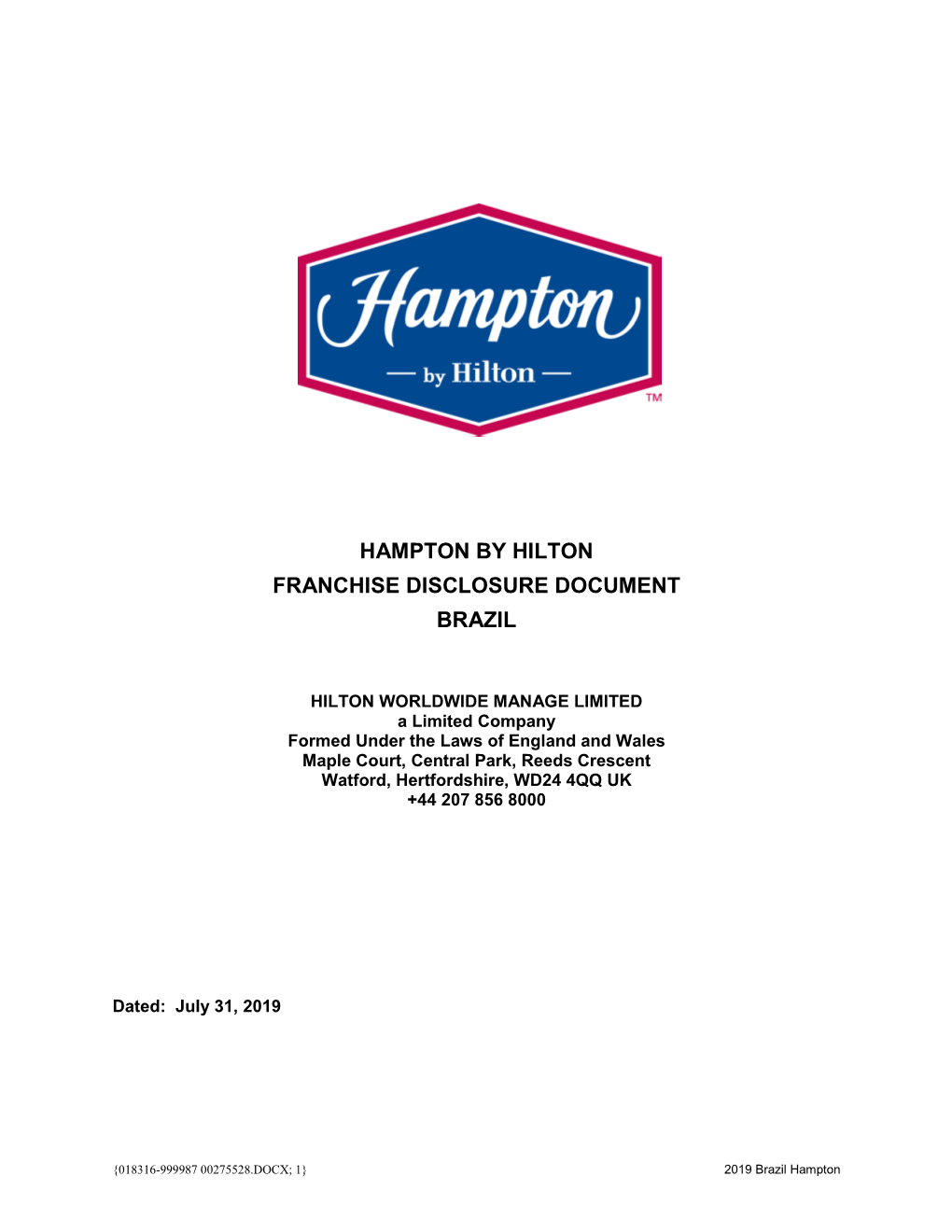 Hampton by Hilton Franchise Disclosure Document Brazil