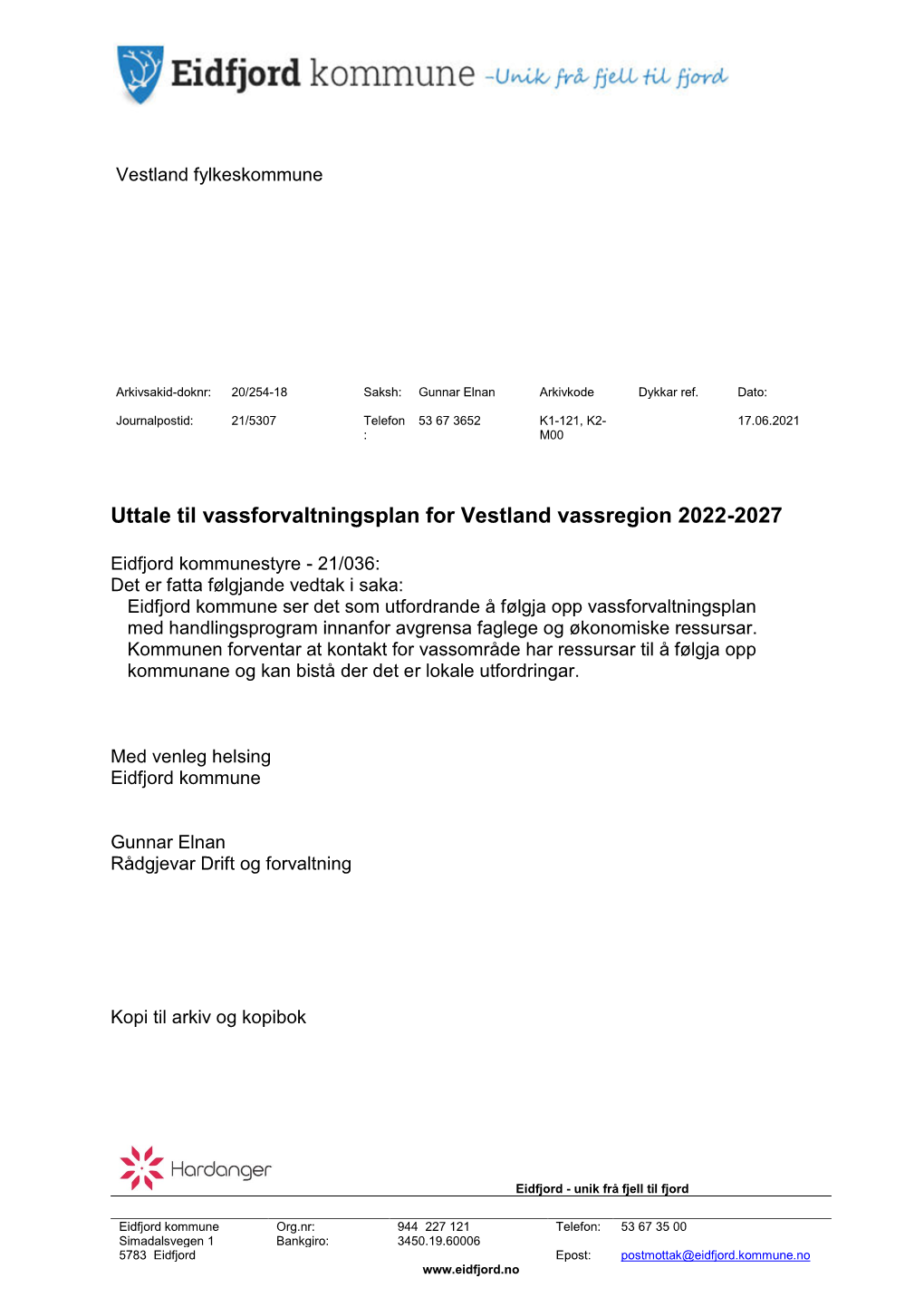 Uttale Til Vassforvaltningsplan for Vestland Vassregion 2022-2027