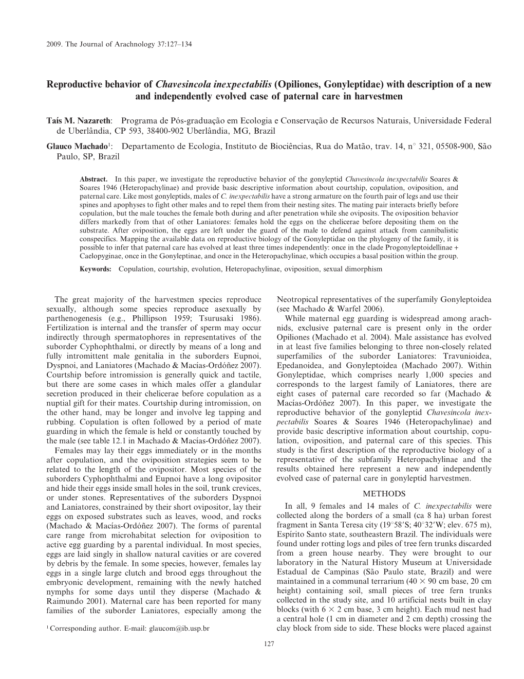 Opiliones, Gonyleptidae) with Description of a New and Independently Evolved Case of Paternal Care in Harvestmen