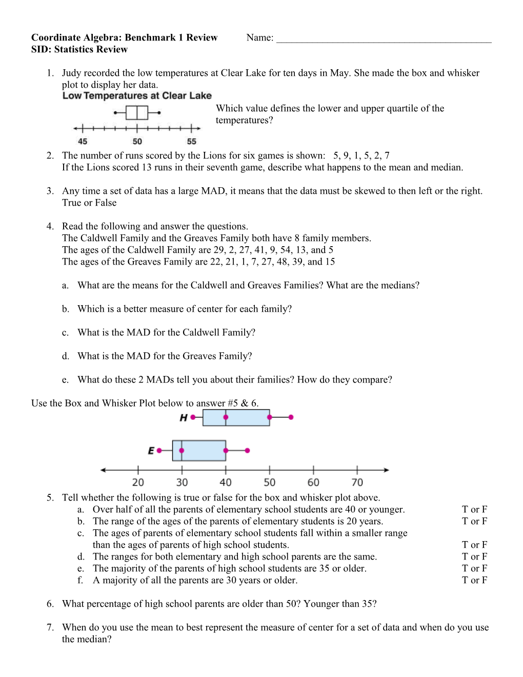 Coordinate Algebra: Benchmark 1 Review Name: ______