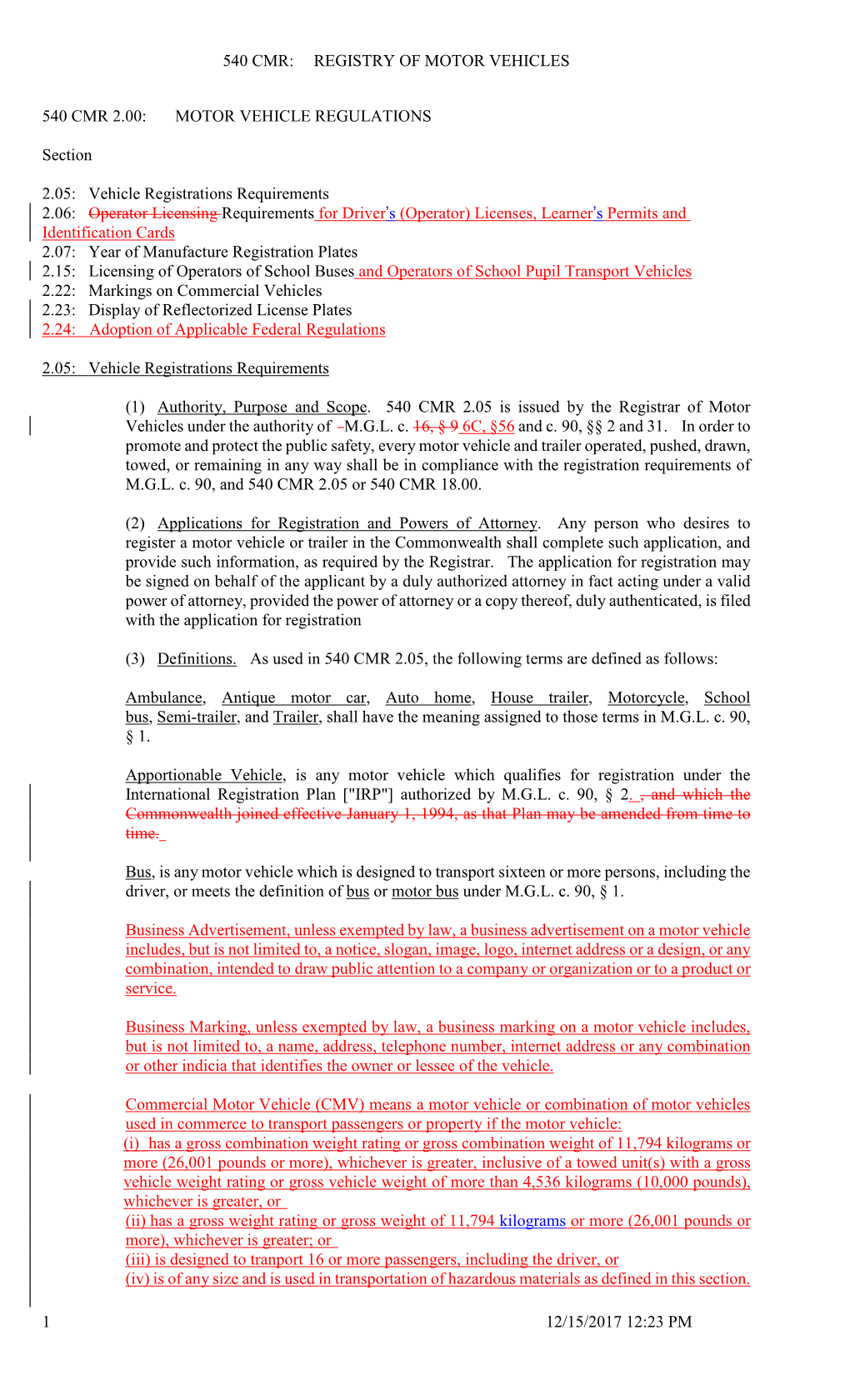 540 Cmr: Registry of Motor Vehicles