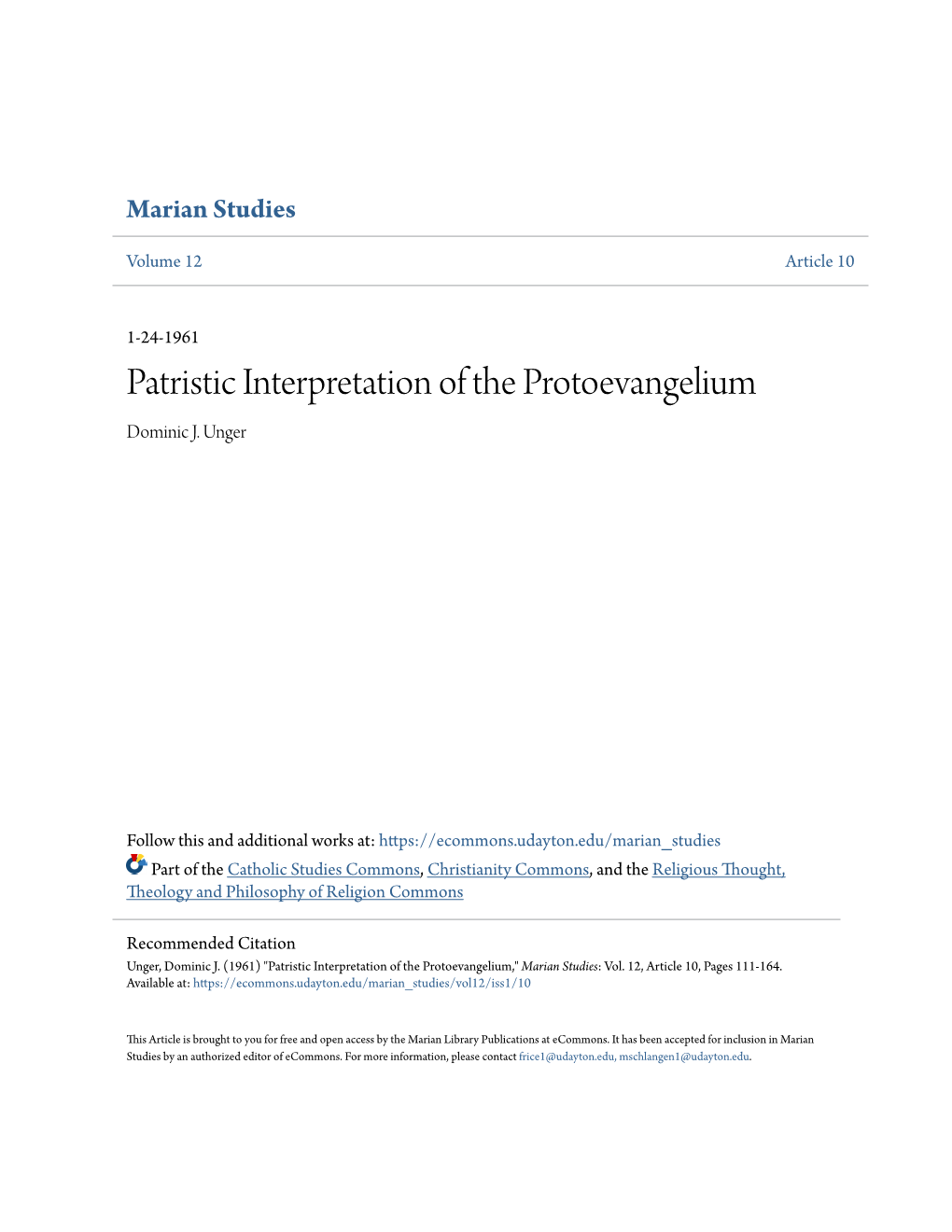 Patristic Interpretation of the Protoevangelium Dominic J