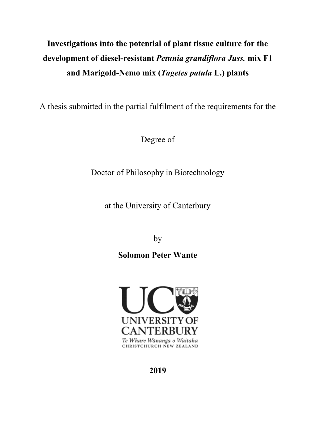 Investigations Into the Potential of Plant Tissue Culture for the Development of Diesel-Resistant Petunia Grandiflora Juss