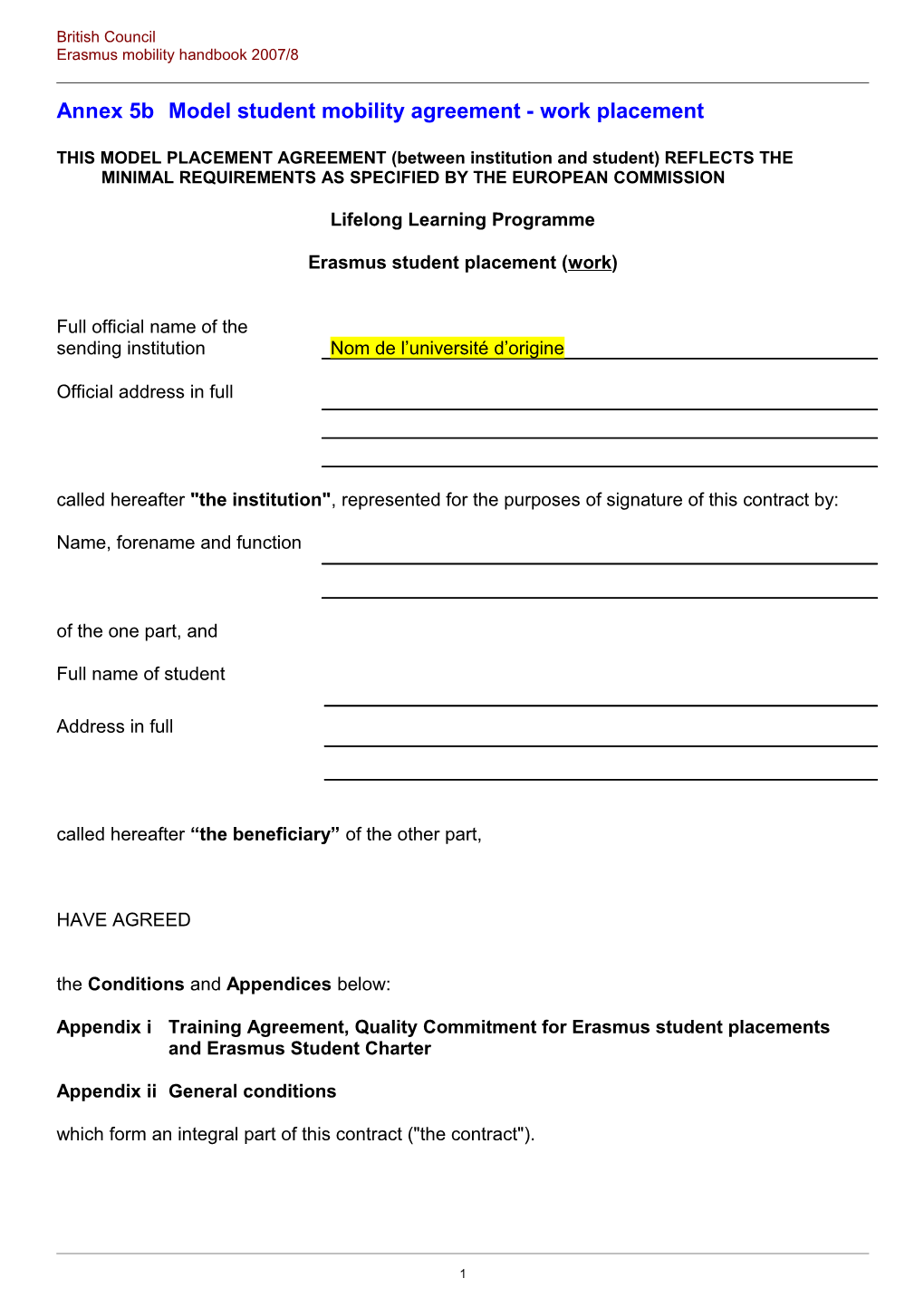 Annex 5B Model Student Mobility Agreement - Work Placement