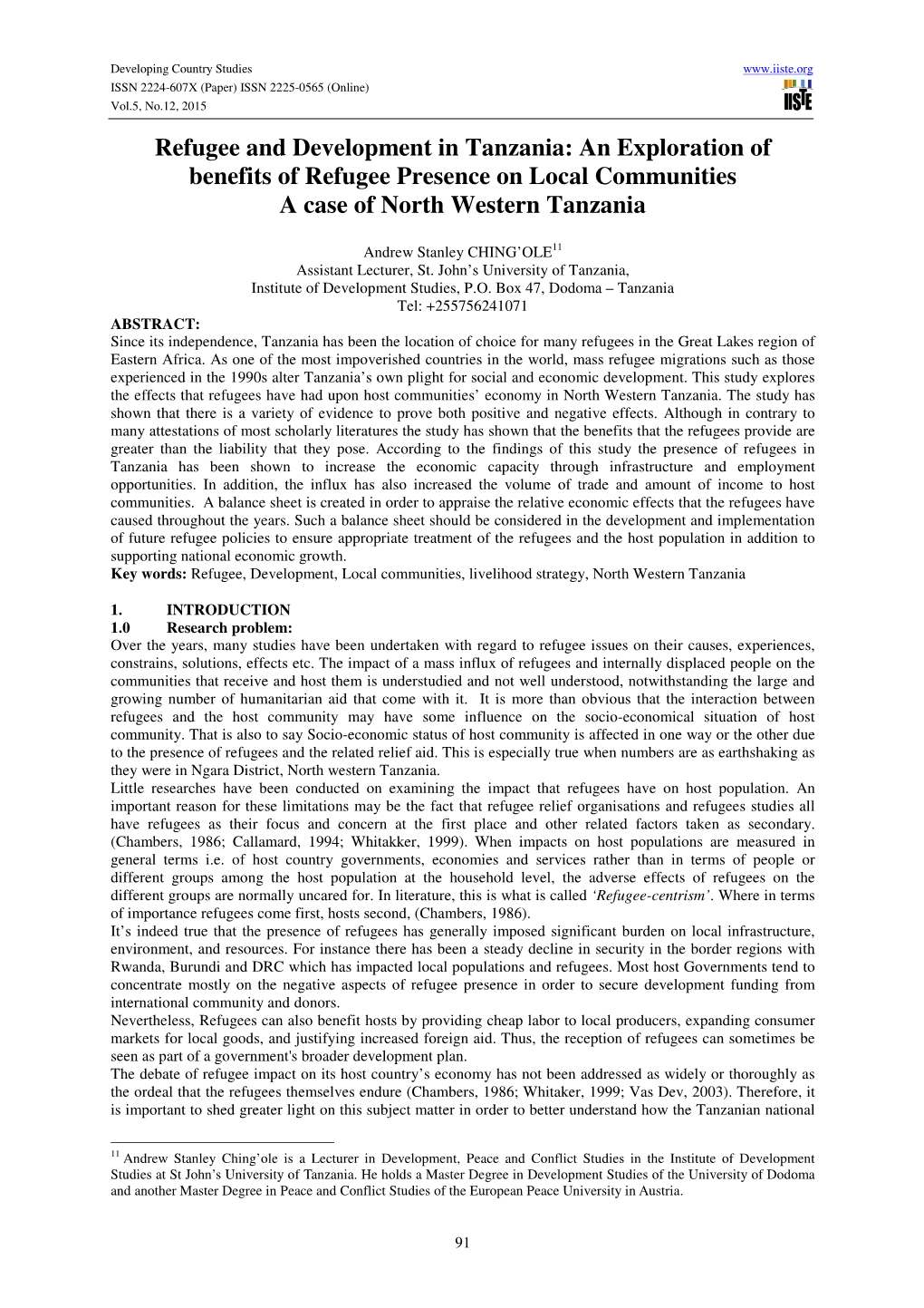 Refugee and Development in Tanzania: an Exploration of Benefits of Refugee Presence on Local Communities a Case of North Western Tanzania