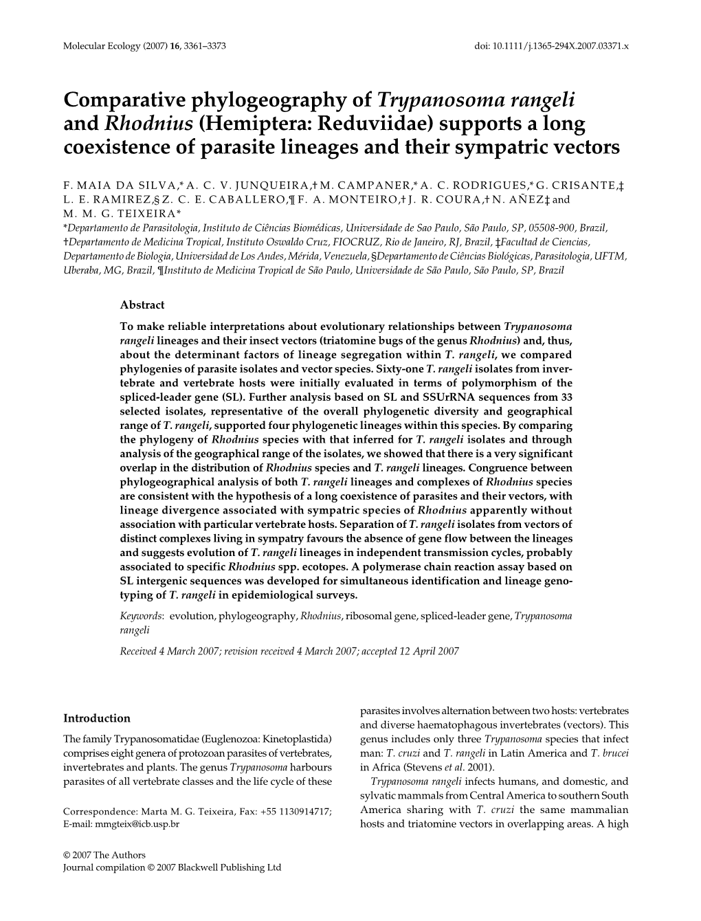 Comparative Phylogeography of Trypanosoma Rangeli and Rhodnius