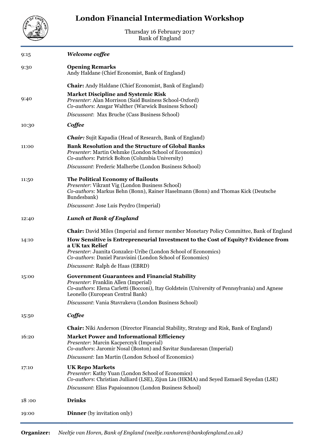 London Financial Intermediation Workshop Agenda