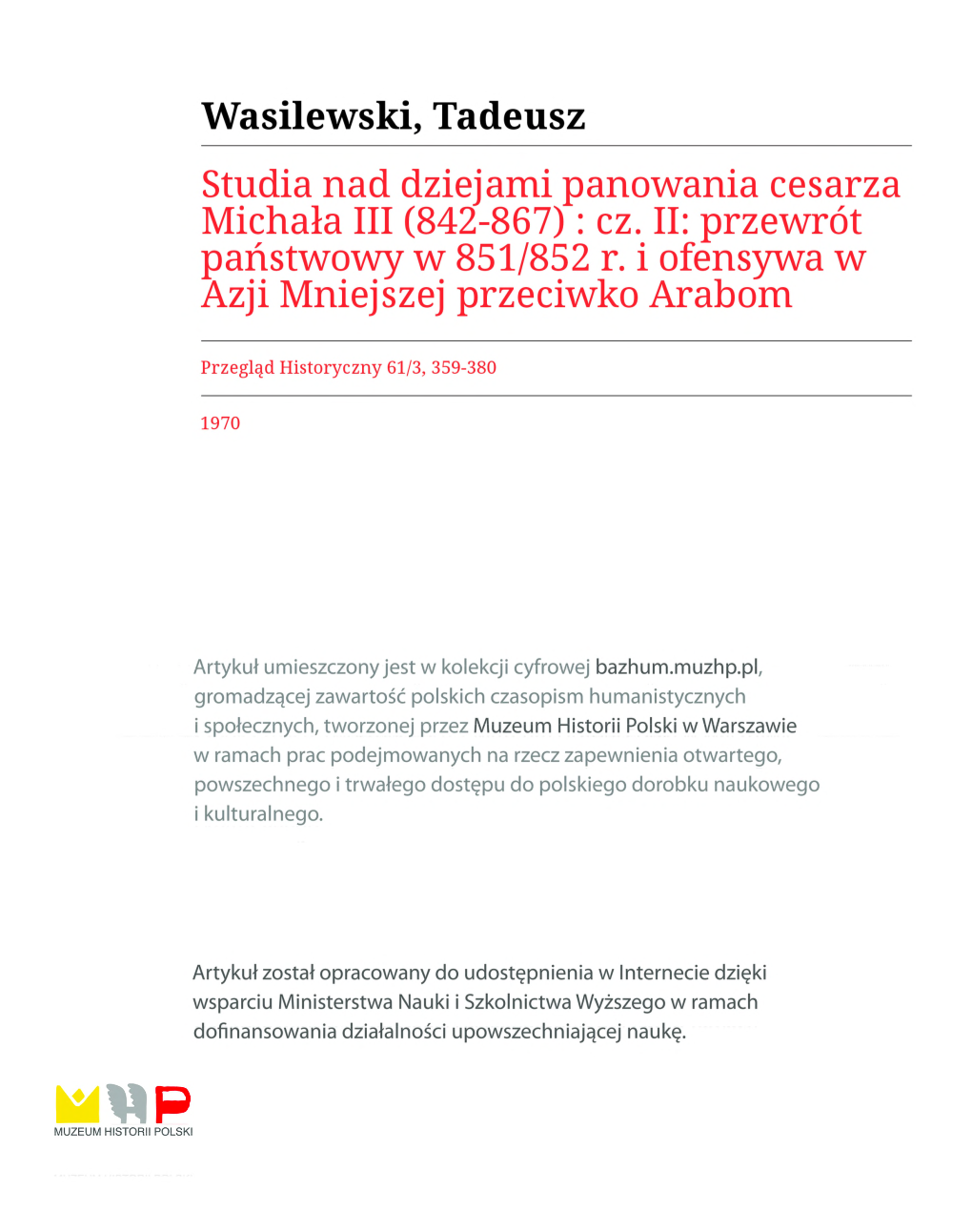 Wasilewski, Tadeusz Studia Nad Dziejami Panowania Cesarza Michała III (842-867) : Cz