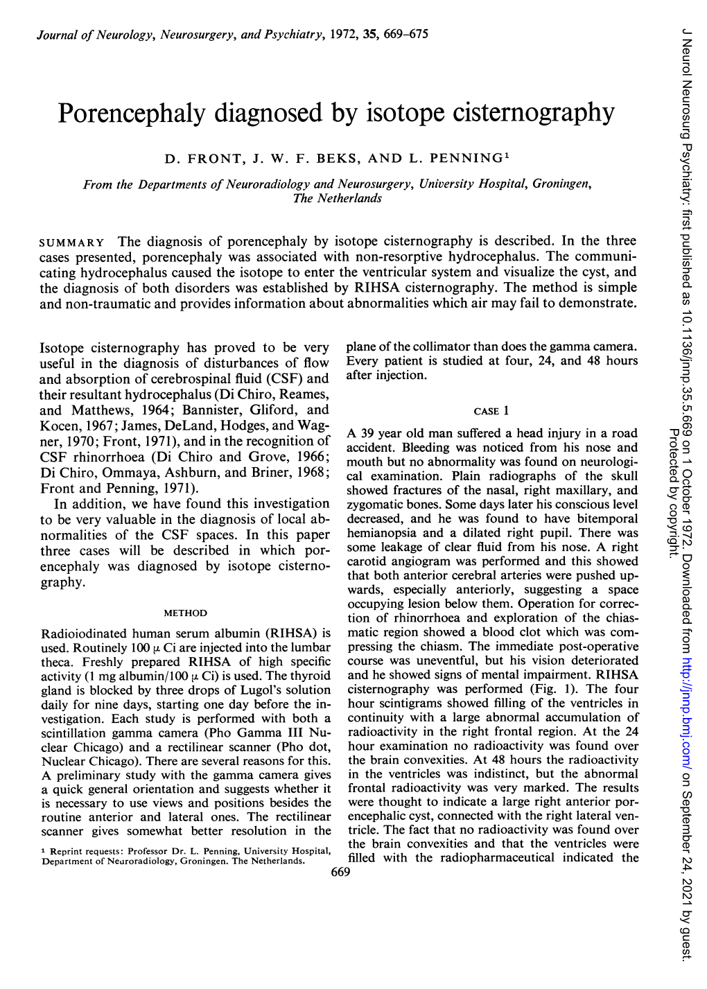 Porencephaly Diagnosed by Isotope Cisternography