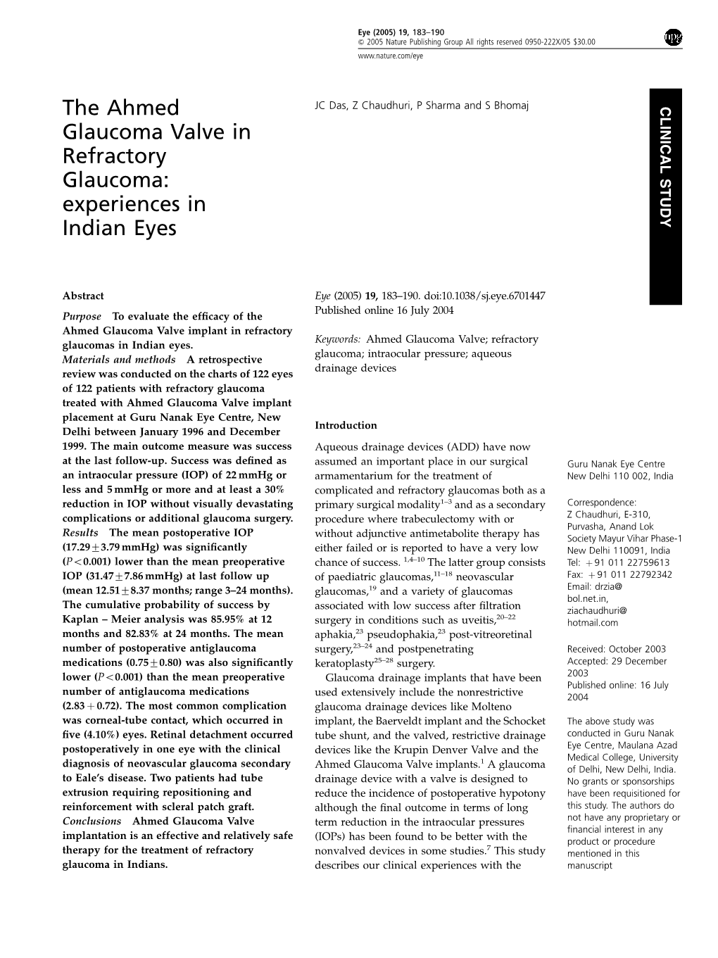 The Ahmed Glaucoma Valve in Refractory Glaucoma