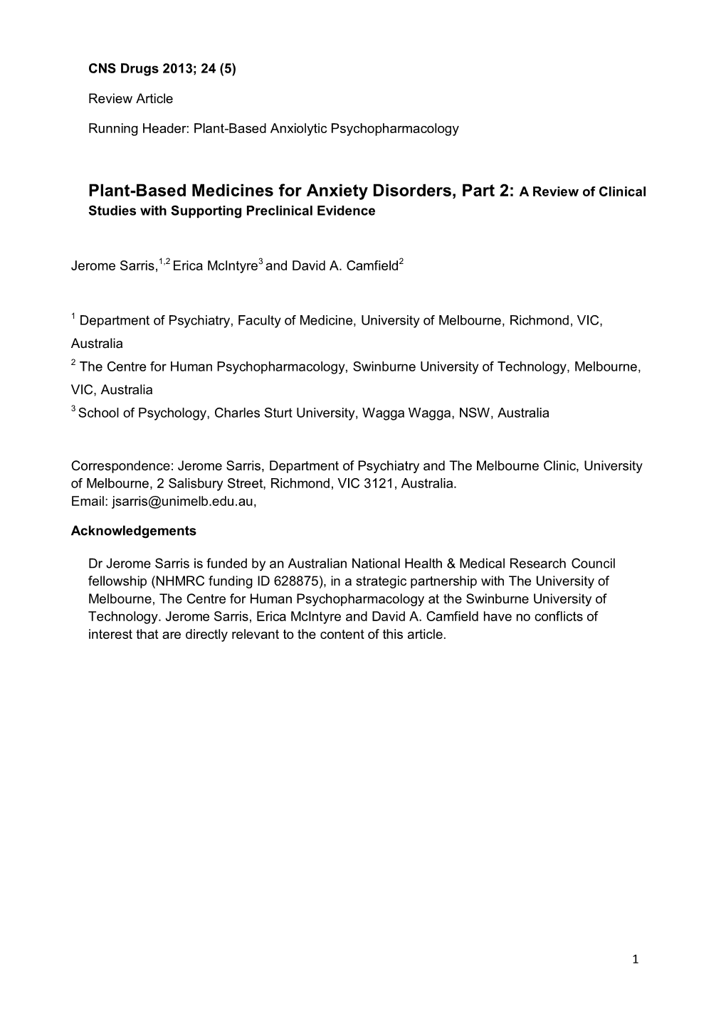 Plant-Based Medicines for Anxiety Disorders, Part 2: a Review of Clinical Studies with Supporting Preclinical Evidence