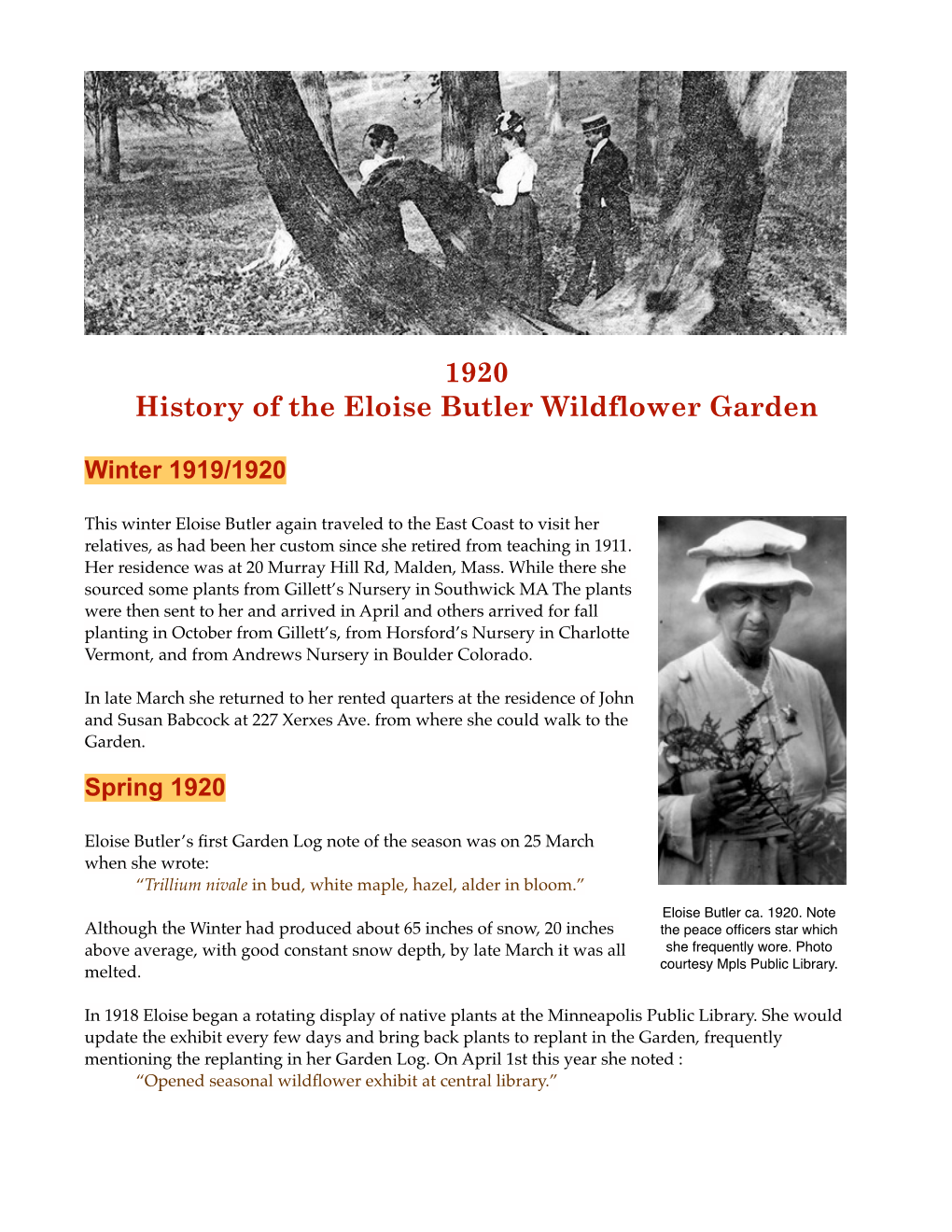 1920 History of the Eloise Butler Wildflower Garden
