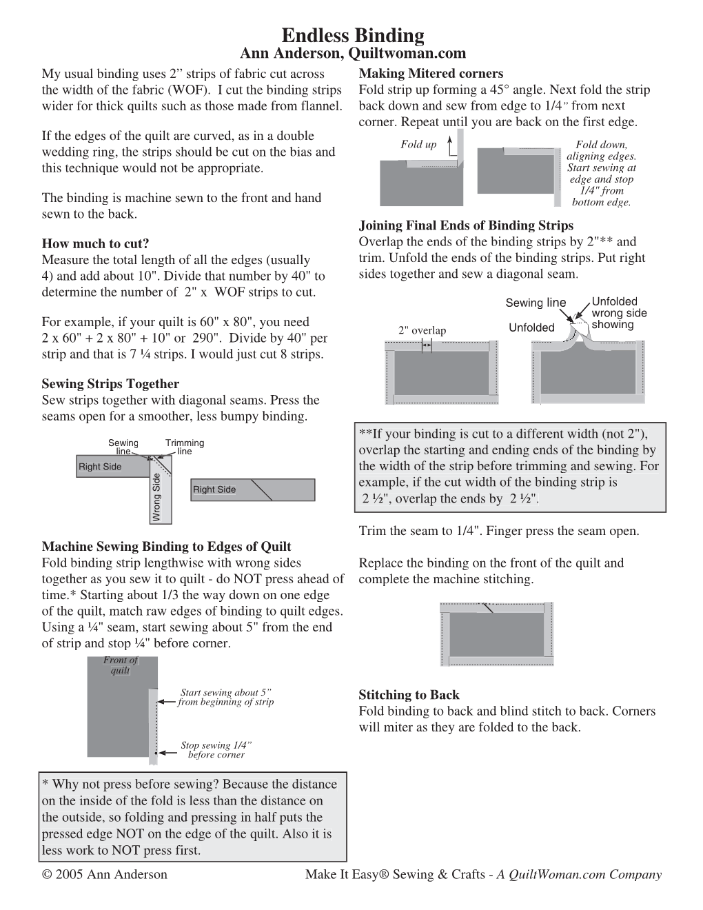 Endless Binding Ann Anderson, Quiltwoman.Com My Usual Binding Uses 2” Strips of Fabric Cut Across Making Mitered Corners the Width of the Fabric (WOF)