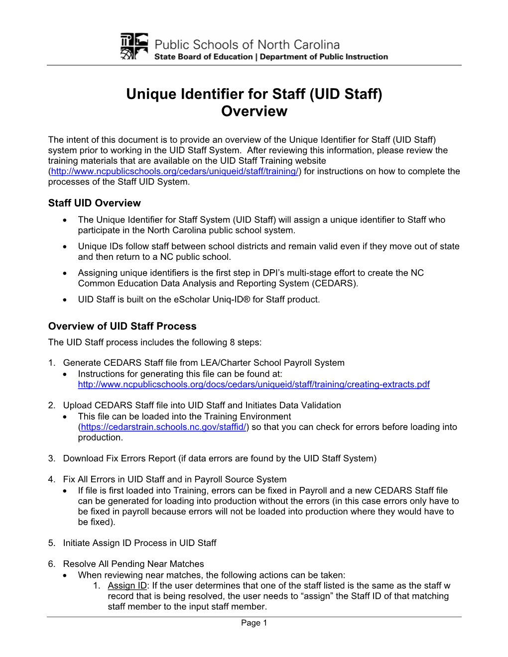 Unique Identifier for Staff (UID Staff) Overview