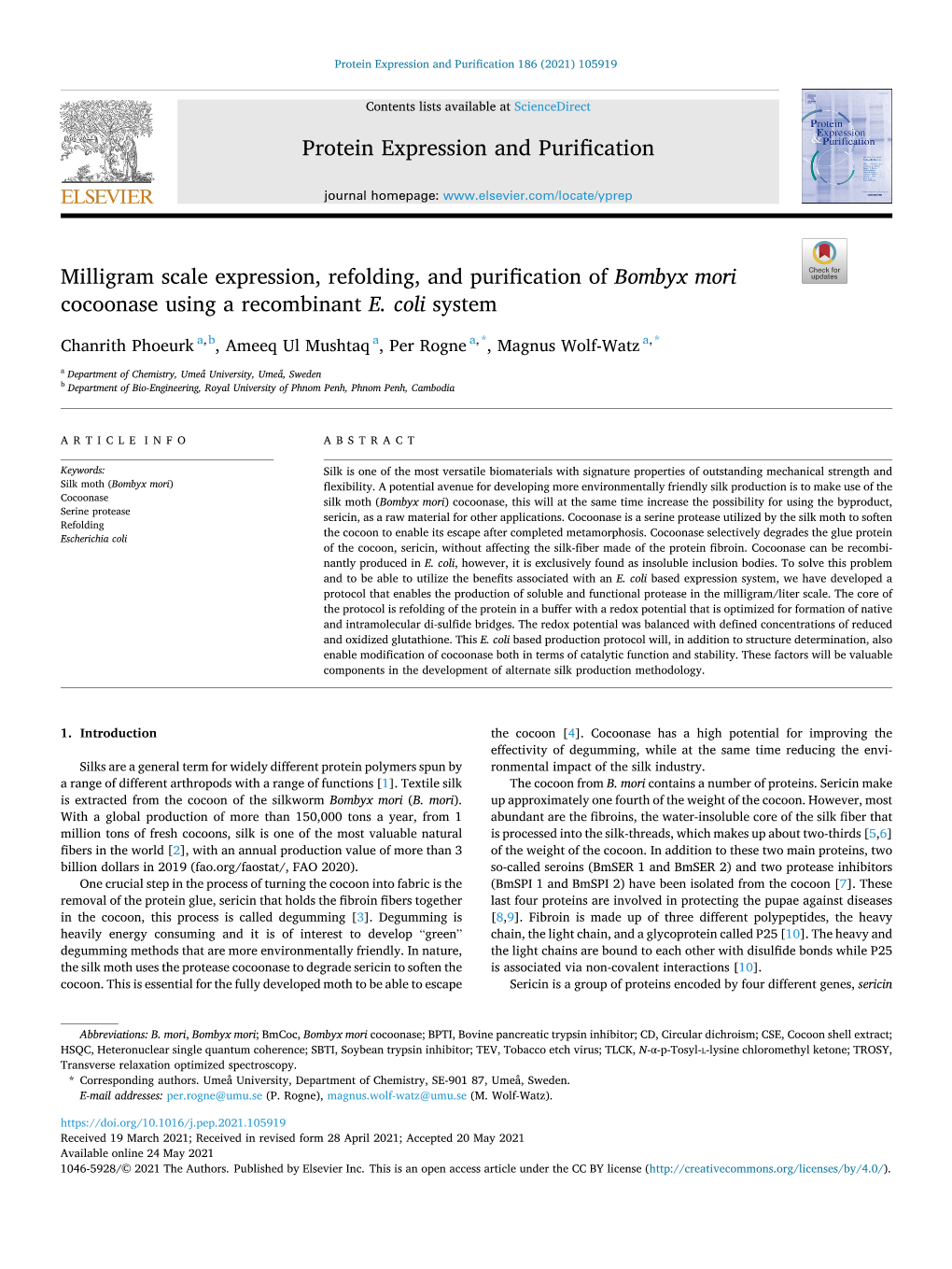 Milligram Scale Expression, Refolding, and Purification of Bombyx Mori Cocoonase Using a Recombinant E