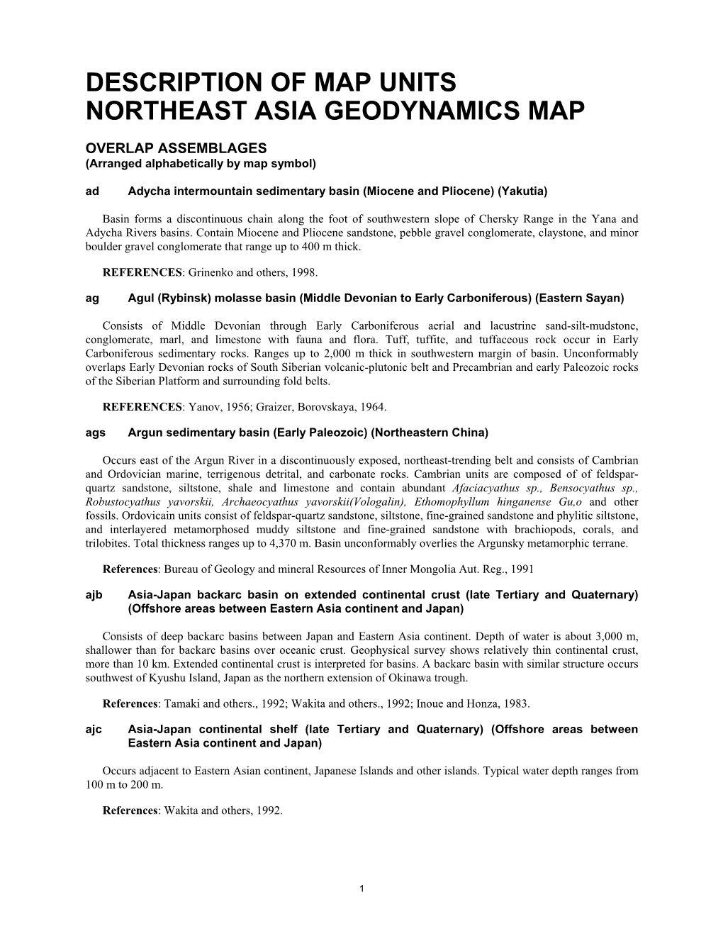 Description of Map Units Northeast Asia Geodynamics Map