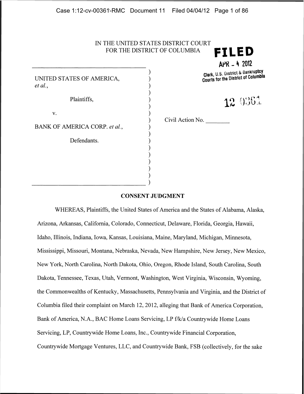 Consent Decree in United States V. Bank of America Corp., Citibank, NA, Jpmorgan Chase and Co., Ally Financial, Inc. and Wells F