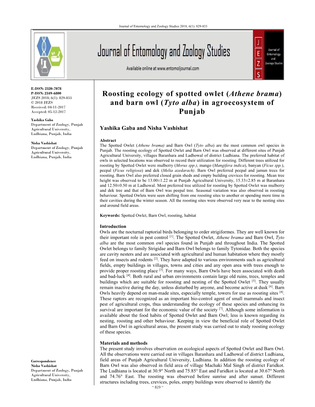 Roosting Ecology of Spotted Owlet (Athene Brama) and Barn Owl (Tyto