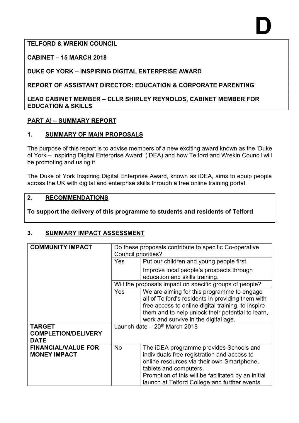 Draft Cabinet Report Format