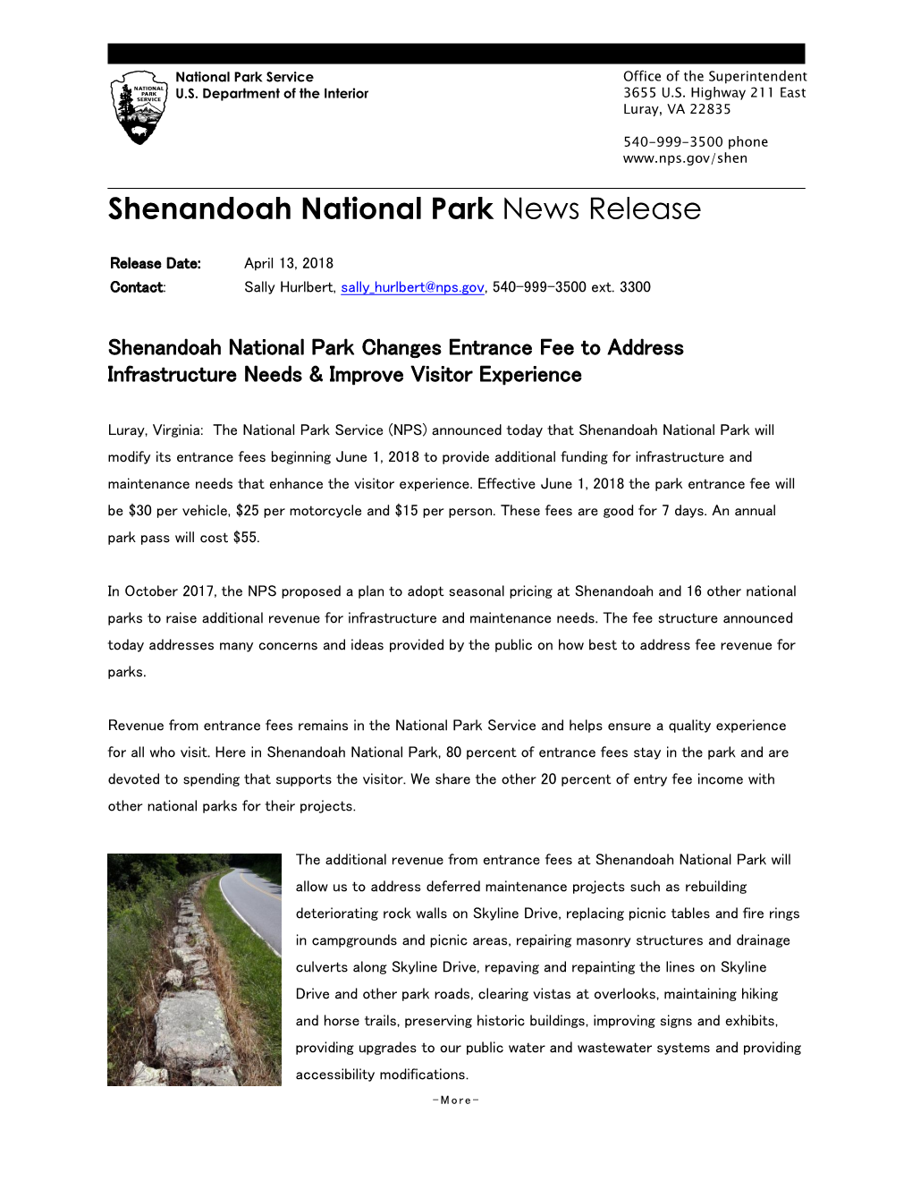 Full Press Release of Shenandoah National Park Changes Entrance