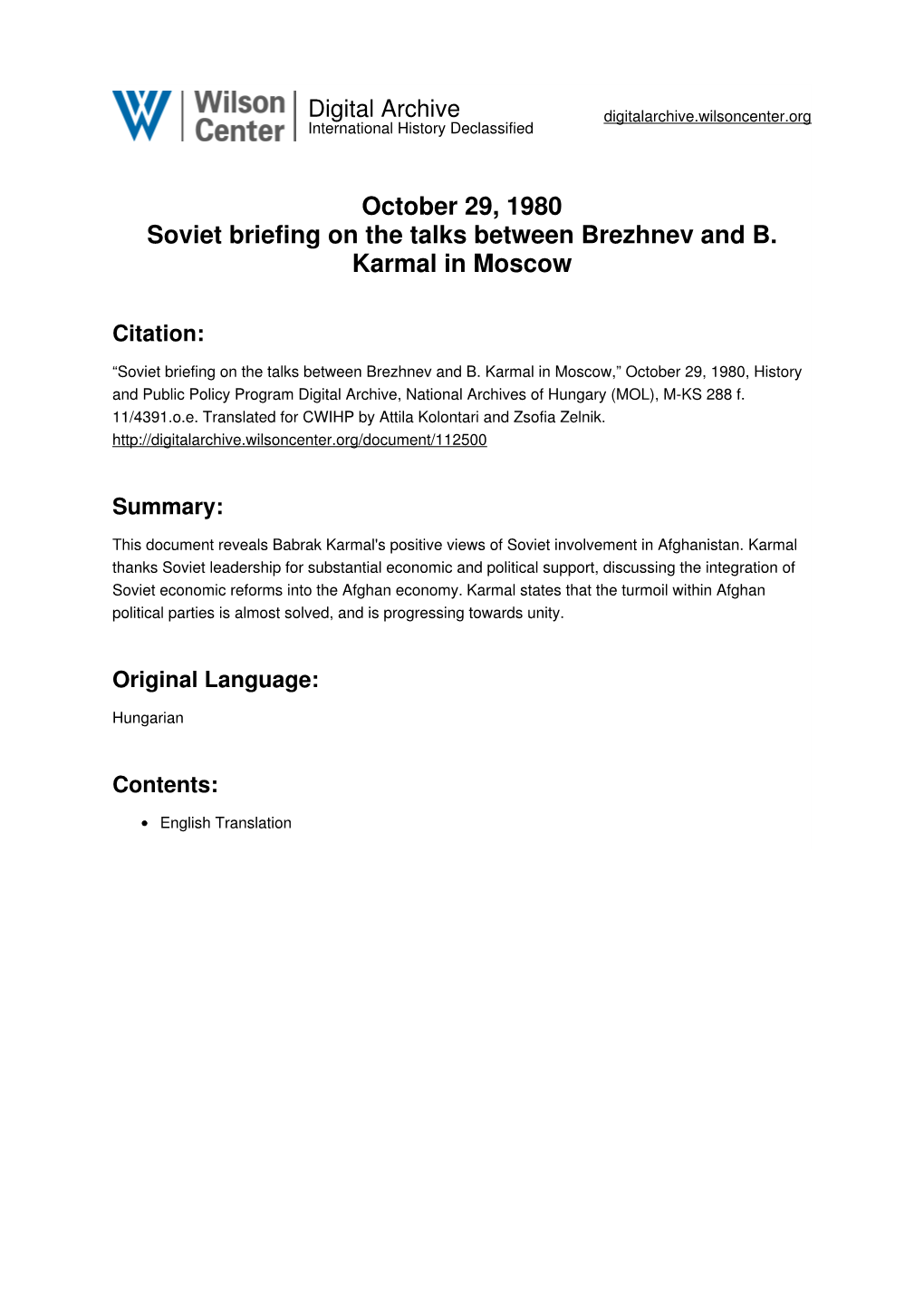 October 29, 1980 Soviet Briefing on the Talks Between Brezhnev and B. Karmal in Moscow