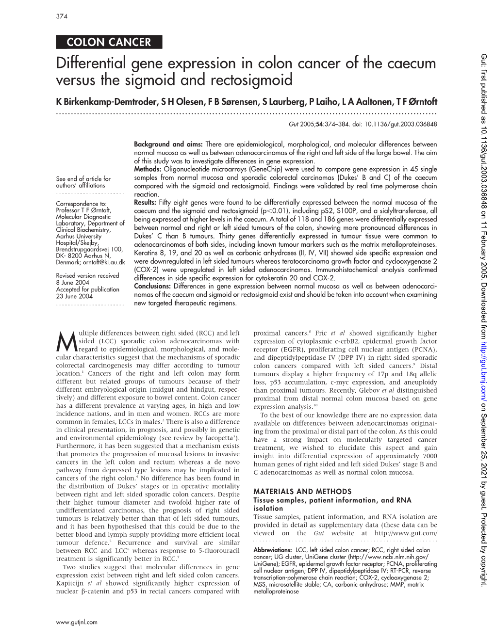 Differential Gene Expression in Colon Cancer of the Caecum Versus