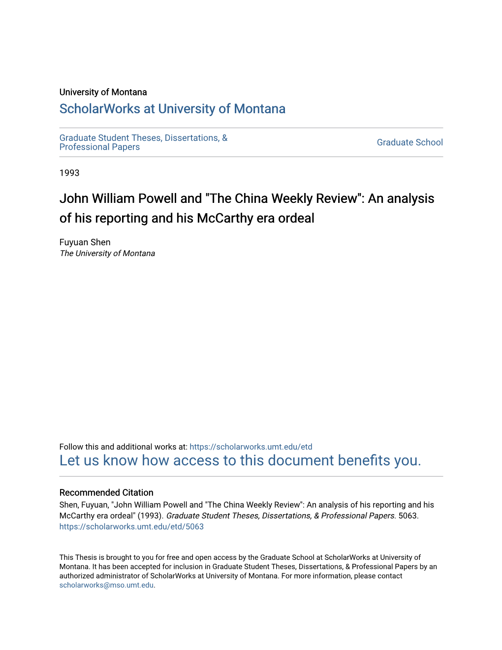 John William Powell and "The China Weekly Review": an Analysis of His Reporting and His Mccarthy Era Ordeal