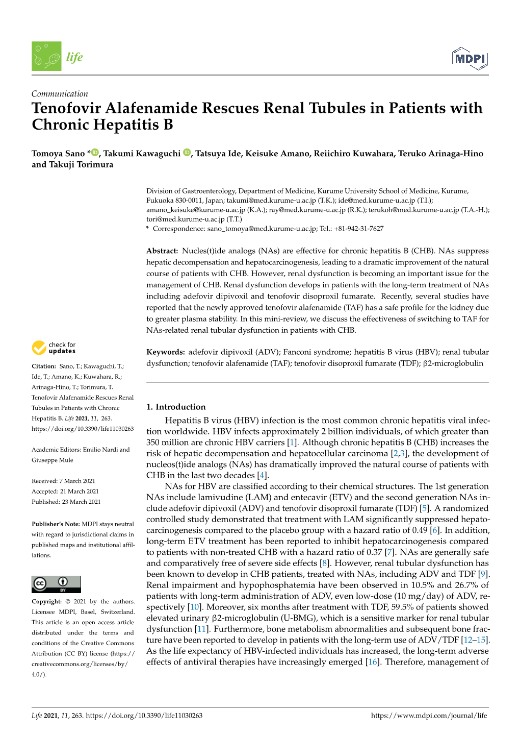 Tenofovir Alafenamide Rescues Renal Tubules in Patients with Chronic Hepatitis B