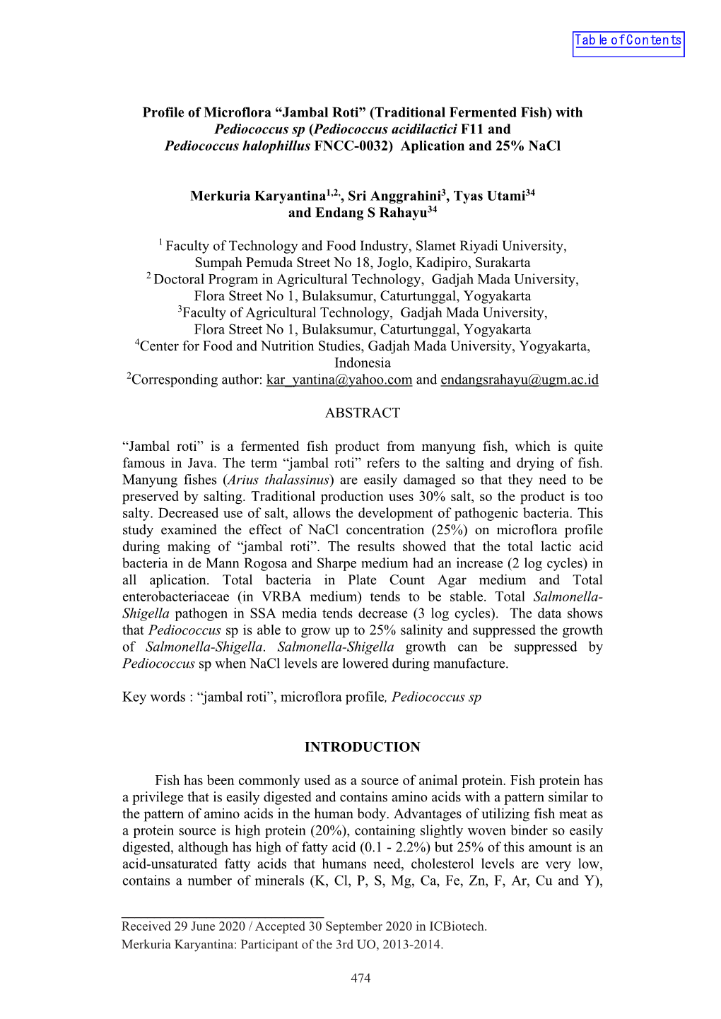 Profile of Microflora “Jambal Roti” (Traditional Fermented Fish) with Pediococcus Sp (Pediococcus Acidilactici F11 and Pe