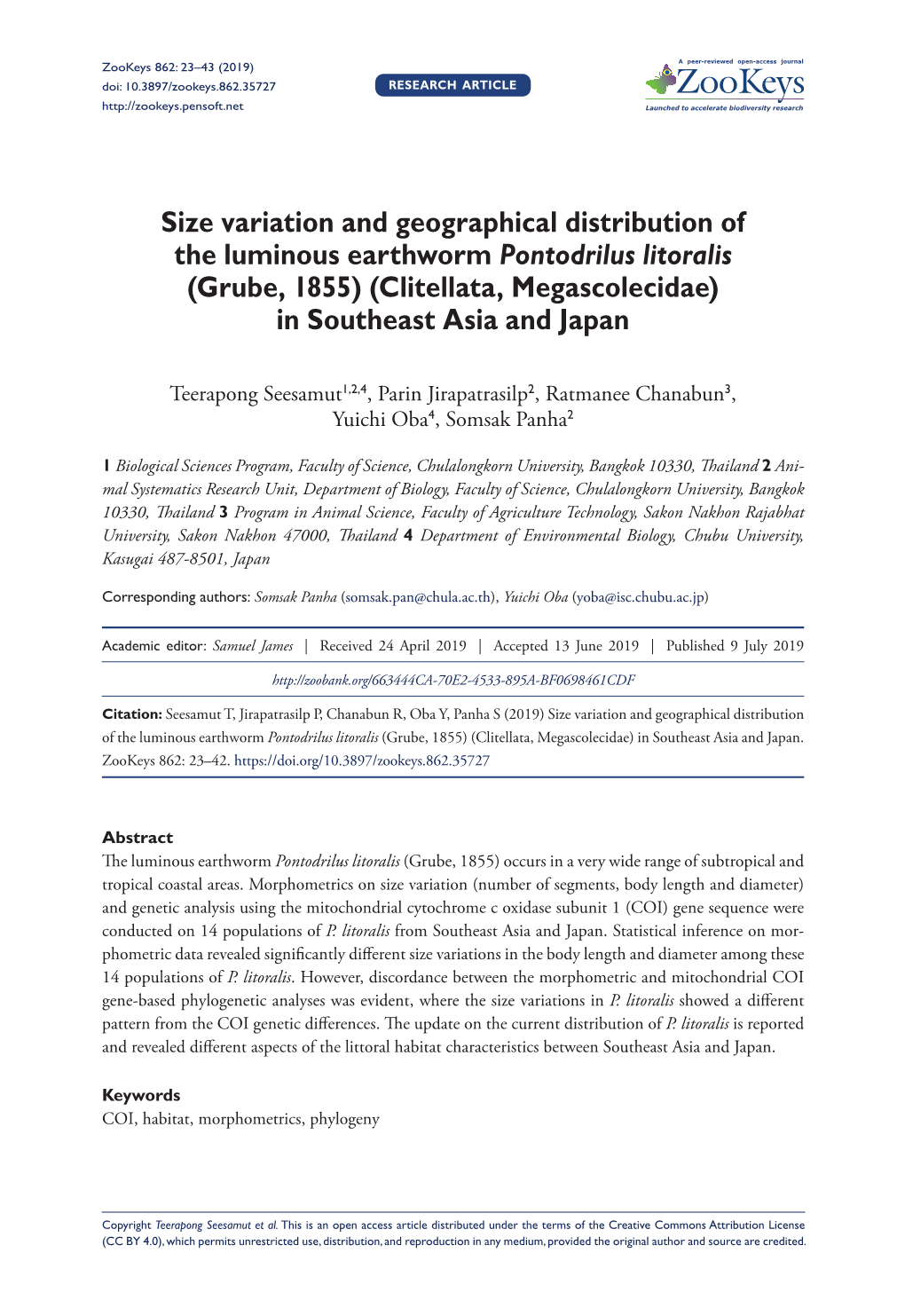 Size Variation and Geographical Distribution of the Luminous Earthworm Pontodrilus Litoralis (Grube, 1855) (Clitellata, Megascolecidae) in Southeast Asia and Japan