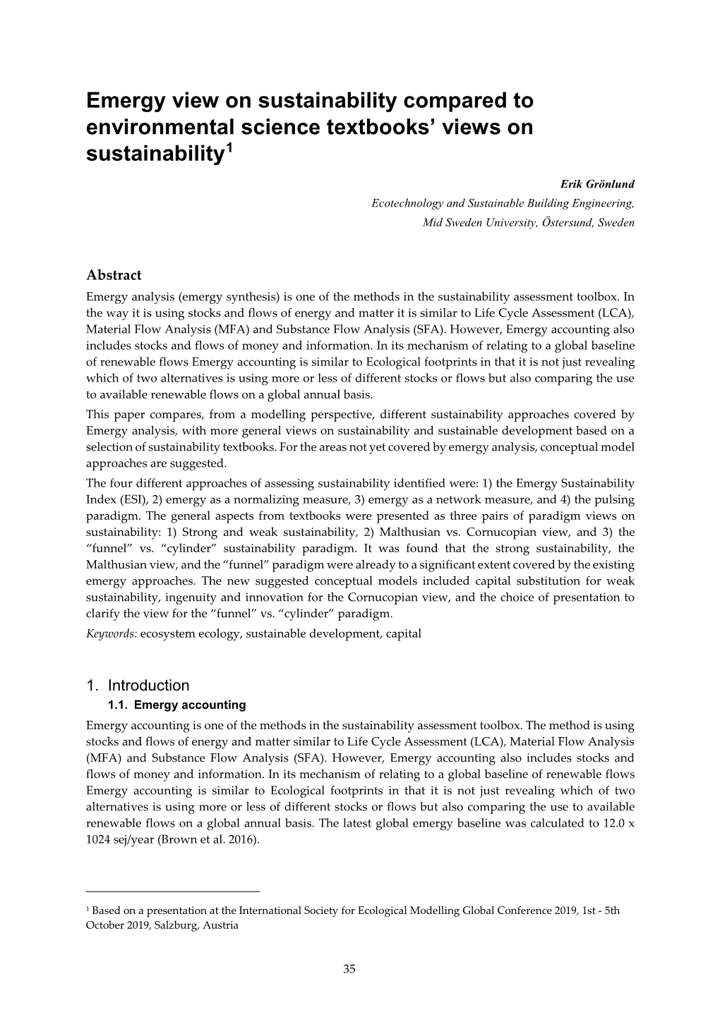 Emergy View on Sustainability Compared to Environmental Science