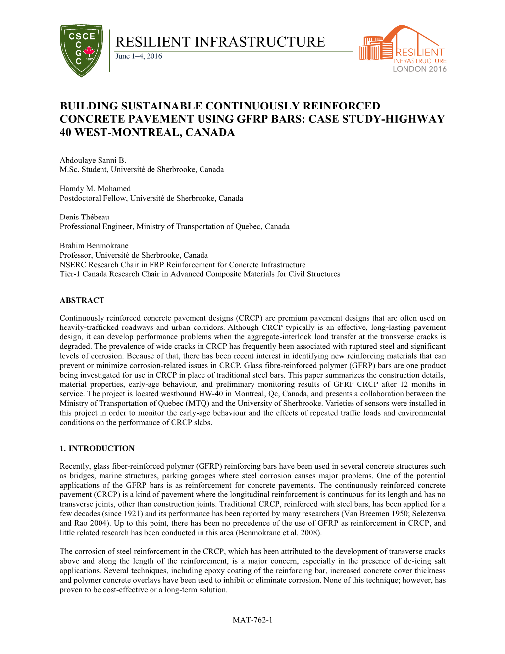 Building Sustainable Continuously Reinforced Concrete Pavement Using Gfrp Bars: Case Study-Highway 40 West-Montreal, Canada