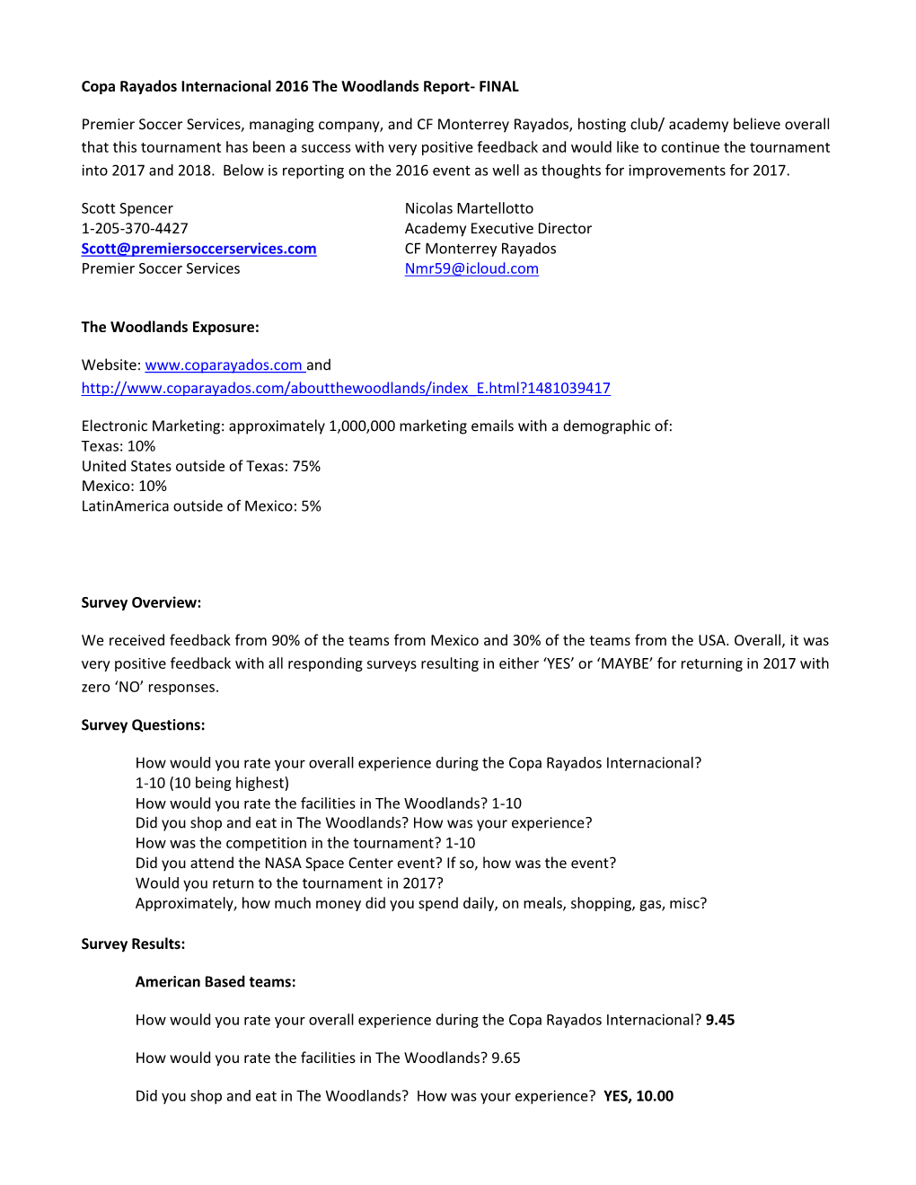 Copa Rayados Internacional 2016 the Woodlands Report- FINAL Premier Soccer Services, Managing Company, and CF Monterrey Rayados