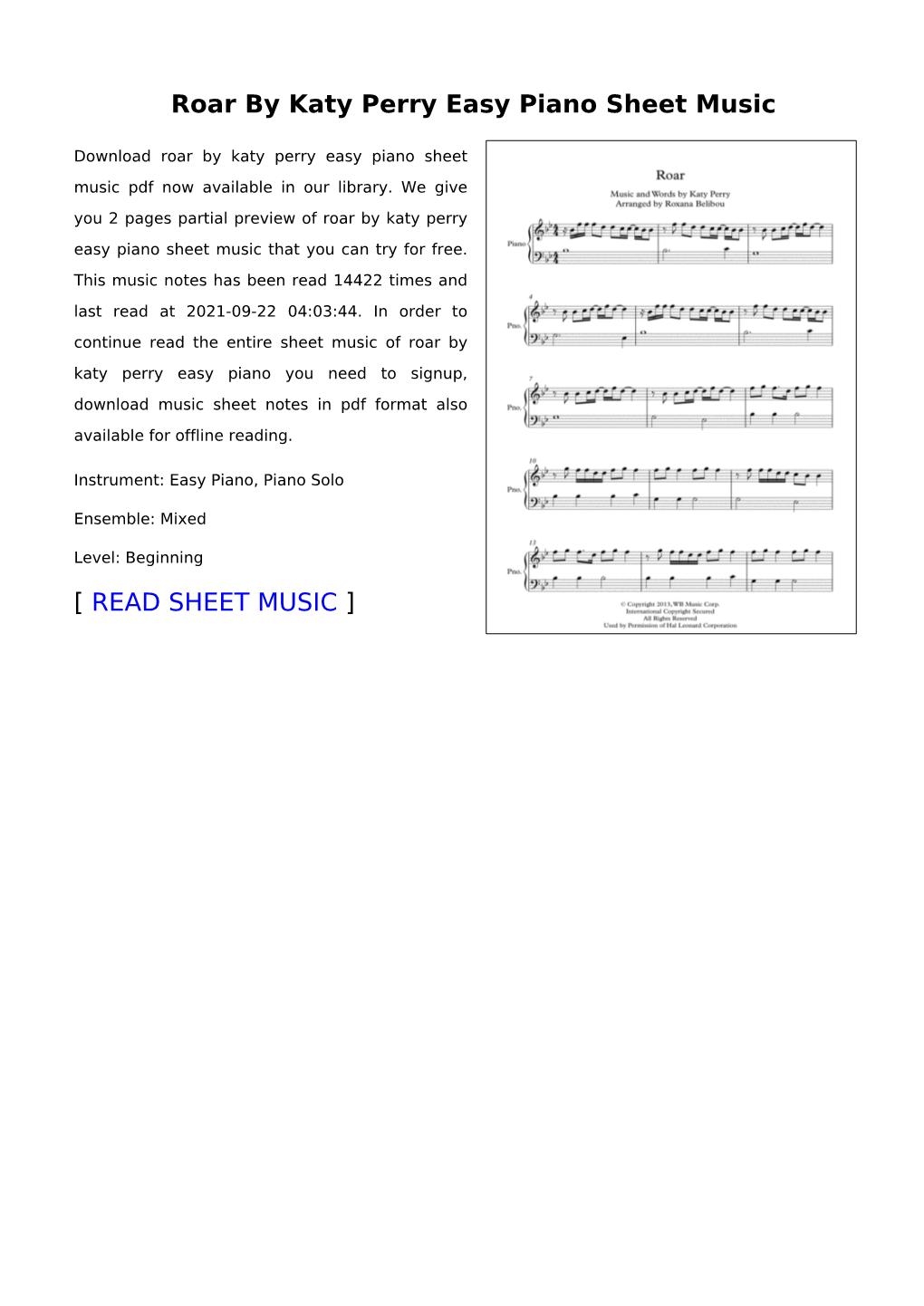 Roar by Katy Perry Easy Piano Sheet Music