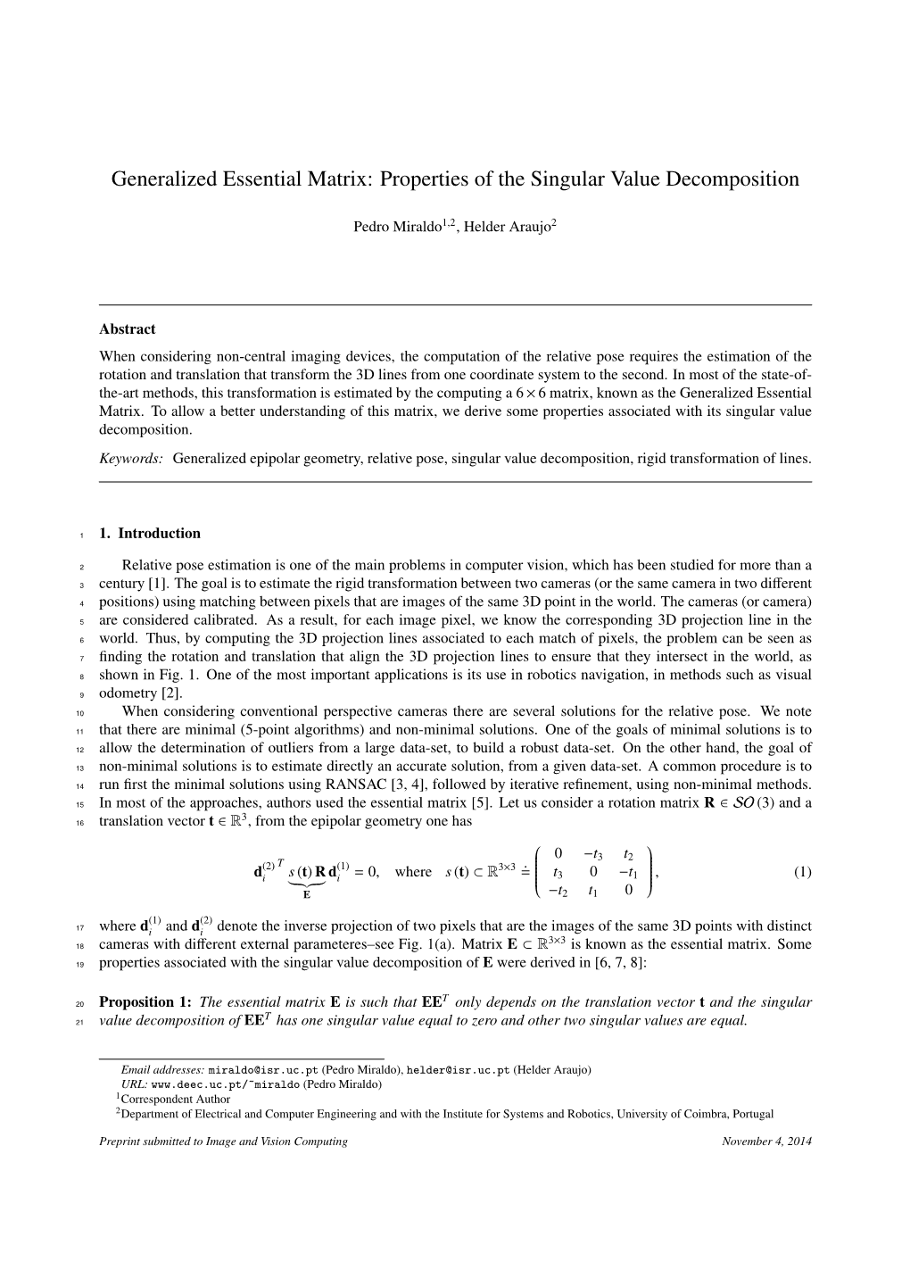 Generalized Essential Matrix: Properties of the Singular Value Decomposition