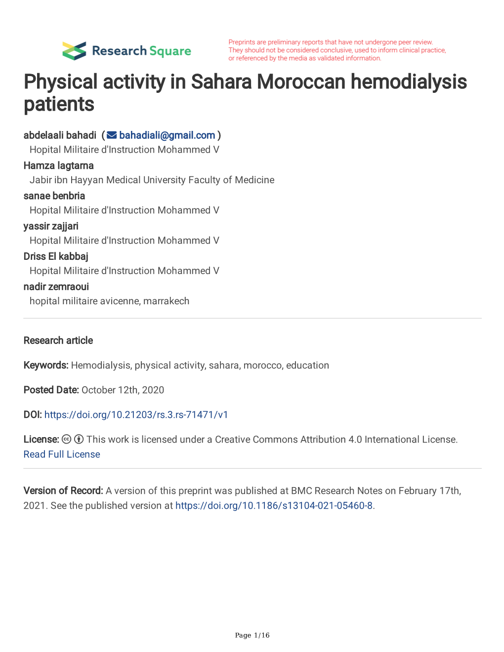 Physical Activity in Sahara Moroccan Hemodialysis Patients