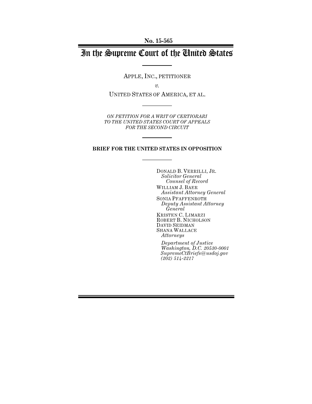 Brief for the United States in Opposition: U.S. V. Apple, Inc., Et