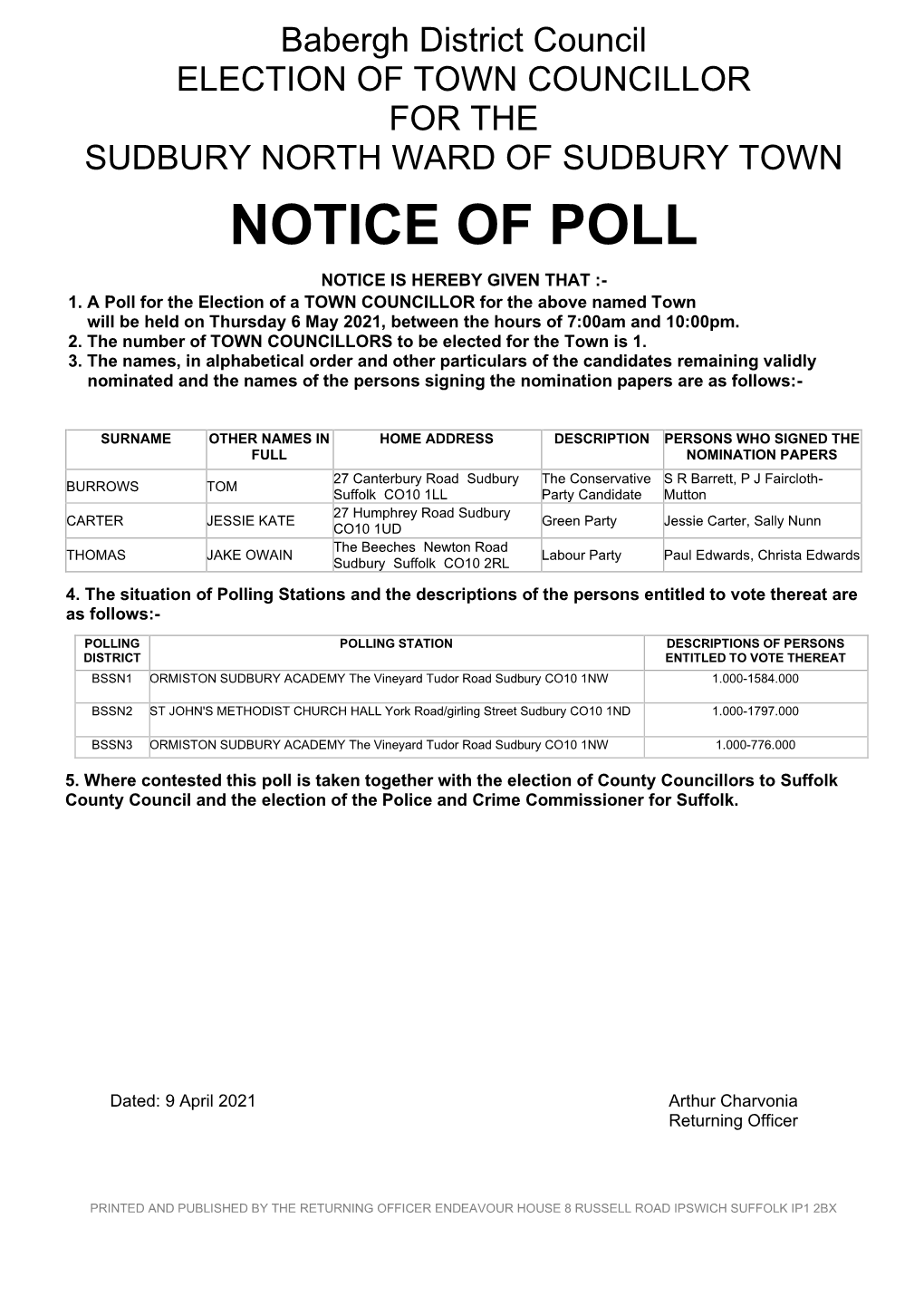 Notice of Poll Notice Is Hereby Given That